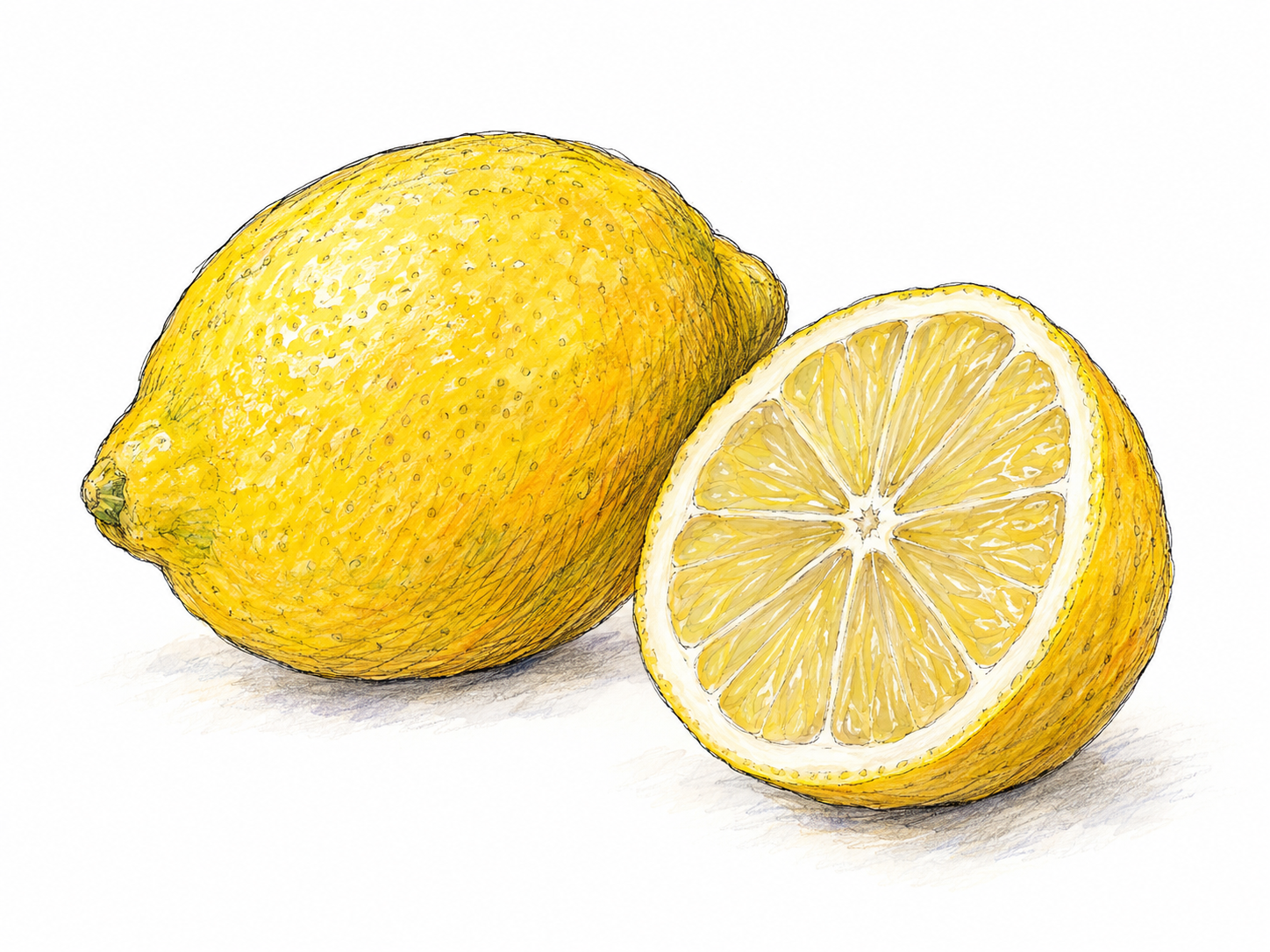 A simple still life of two ripe yellow lemons, one whole and one cut in half, making their bright yellow rind the unmistakable focus.