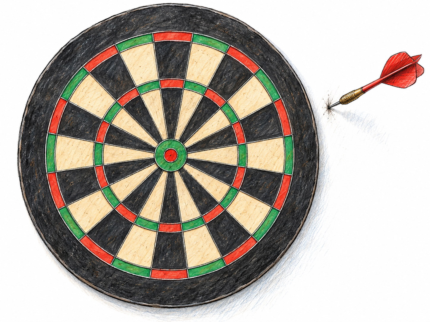 A dart embedded in the wall just outside a dartboard makes failure to hit the target immediately visible.