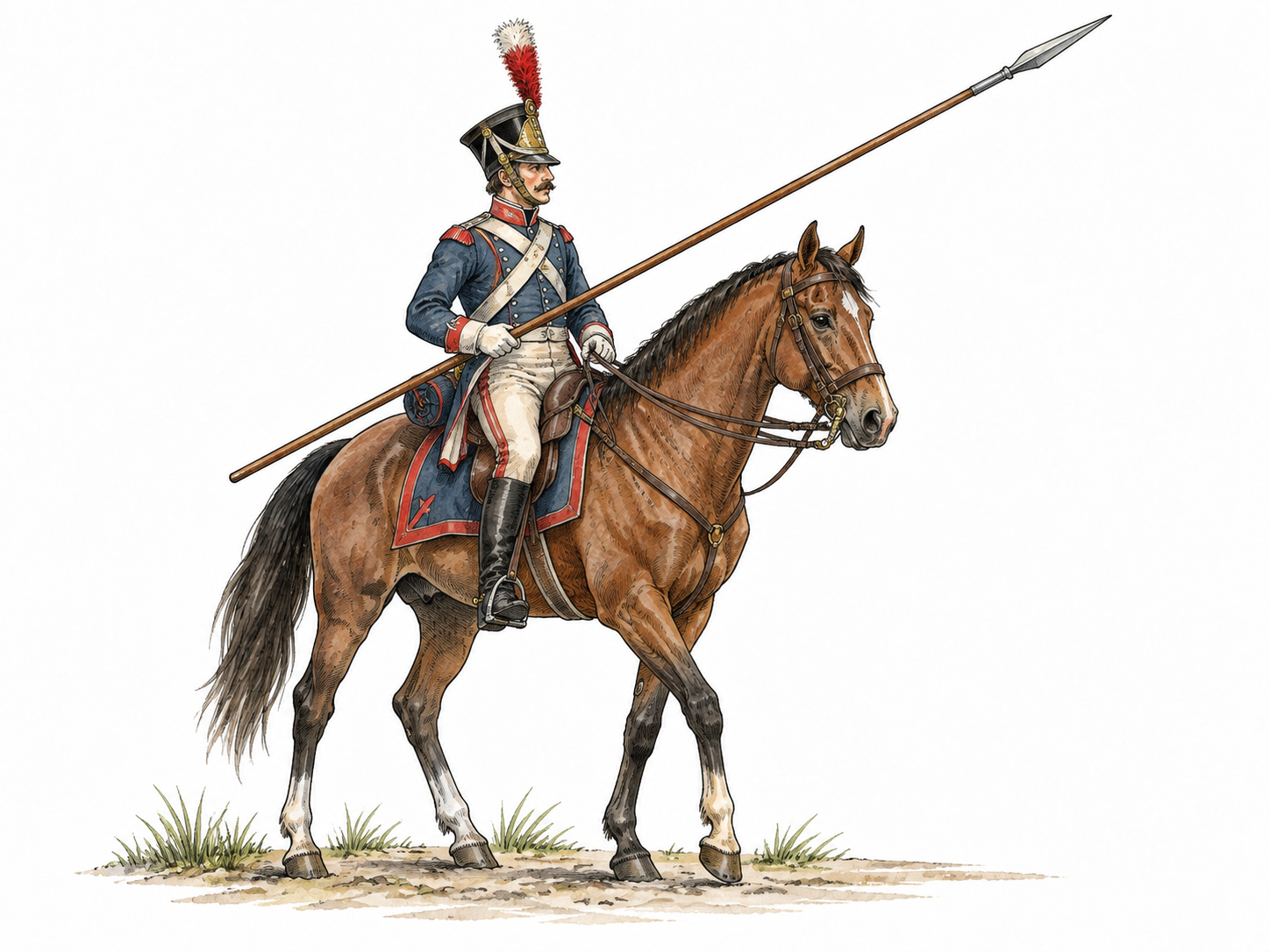 A historical cavalry soldier with a long lance sits on a horse, no battle or injury.