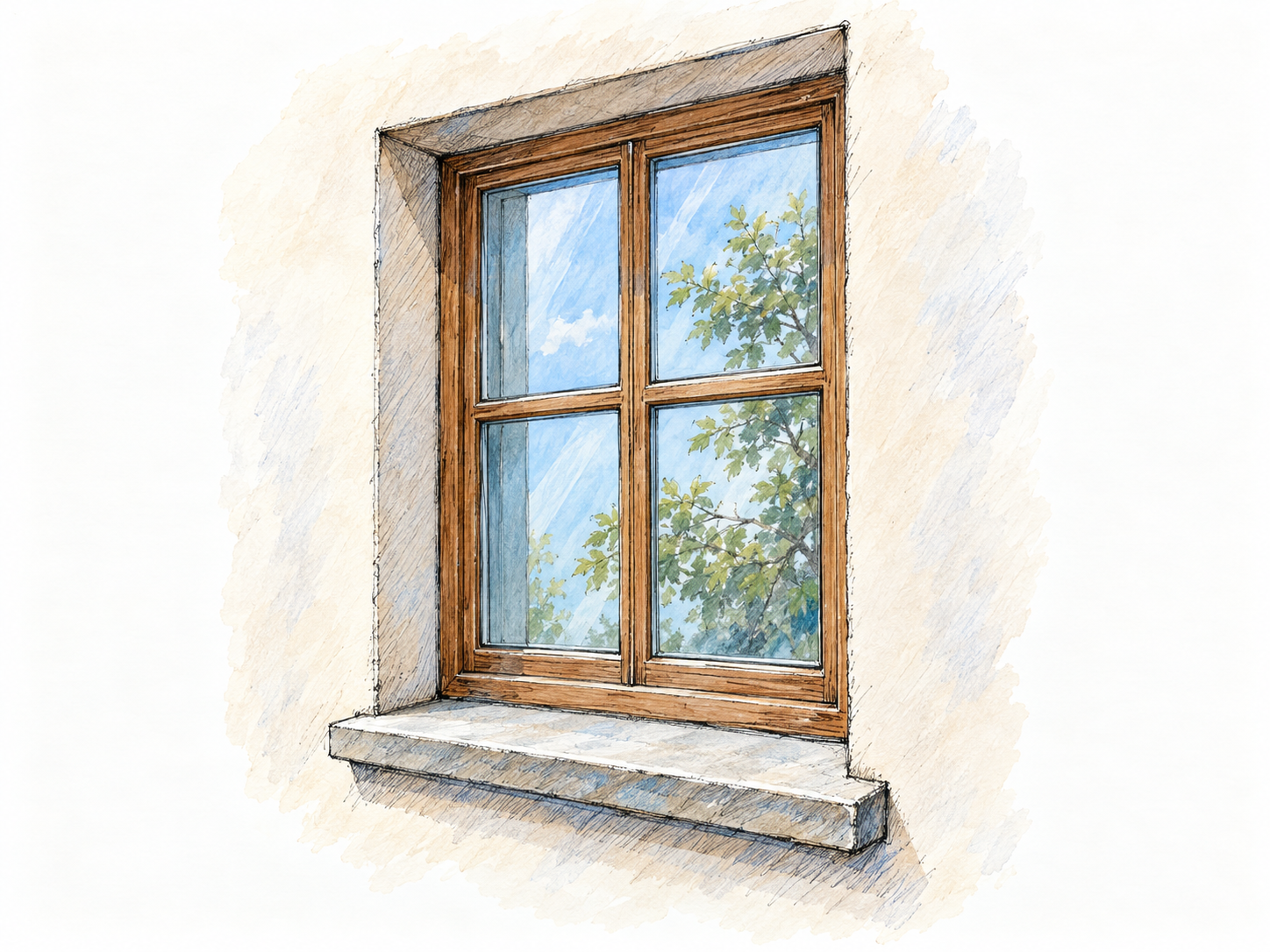 A close view of a glass-fitted window set into a plain wall, with a visible sill, recessed frame, and subtle reflections establishing the glass panes.