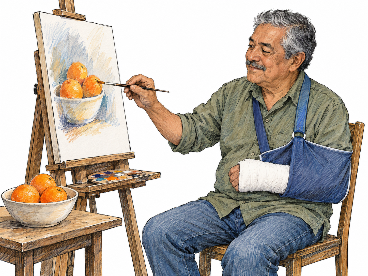 Though his arm is injured, a painter continues painting: an unmistakable plaster cast and sling coexist with active, cheerful work using his free hand.