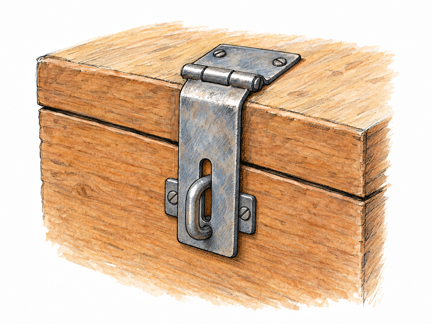 Close-up of a metal hasp mounted across the seam of a wooden chest: its hinged strap lies over a separate staple, which protrudes through the strap’s slot.