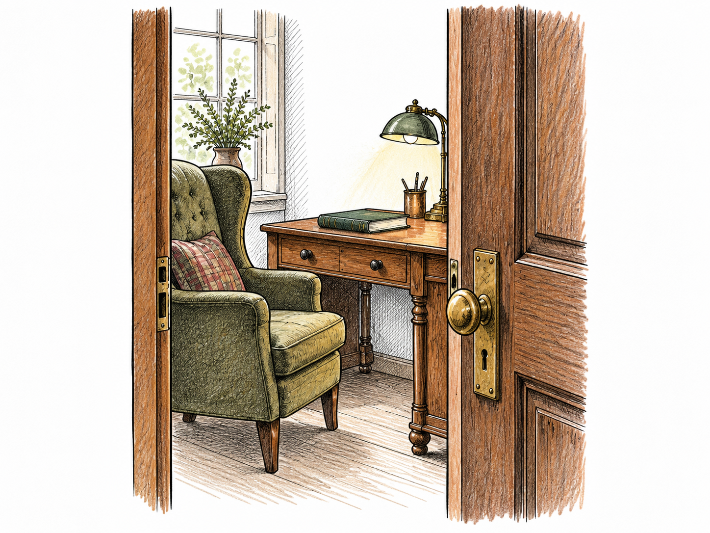 A quiet private study behind a nearly closed wooden door: single comfortable chair, desk and blank closed book; intimate reserved space, no signage or busy shelves.