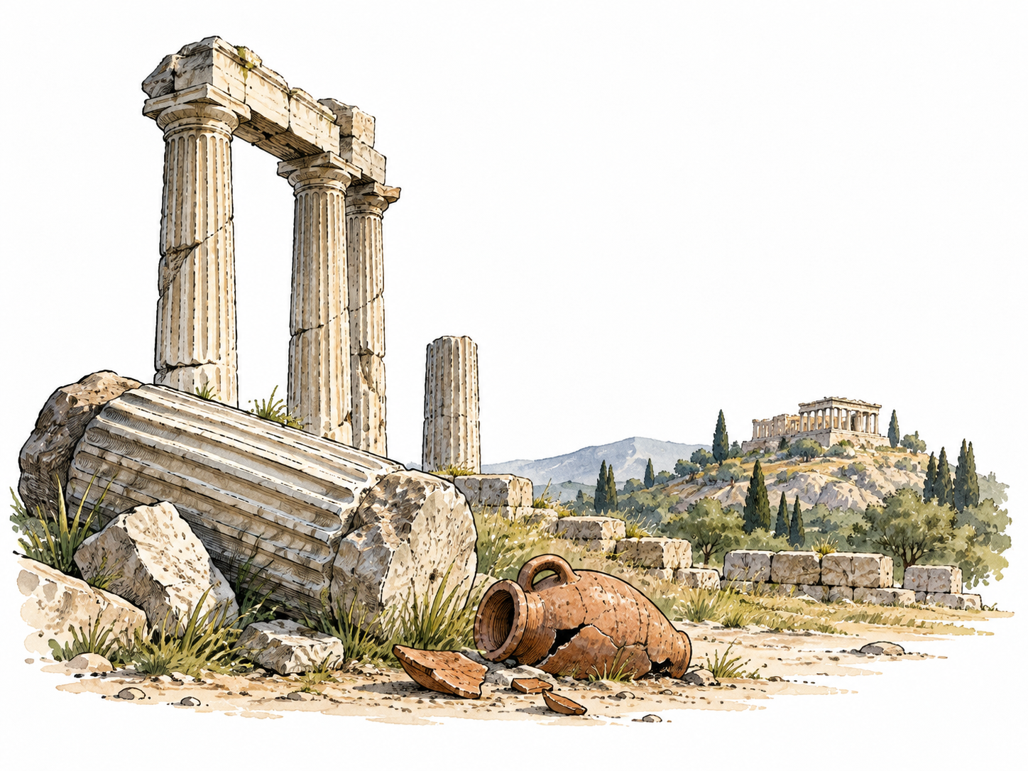 Ancient ruins, broken columns and pottery under gentle sunlight.