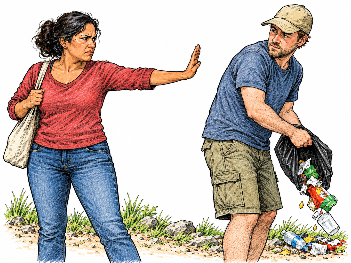 Citizen firmly denounces deliberate littering, open stop hand toward another person dumping rubbish beside a stream; strong moral disgust expressed without shouting text.