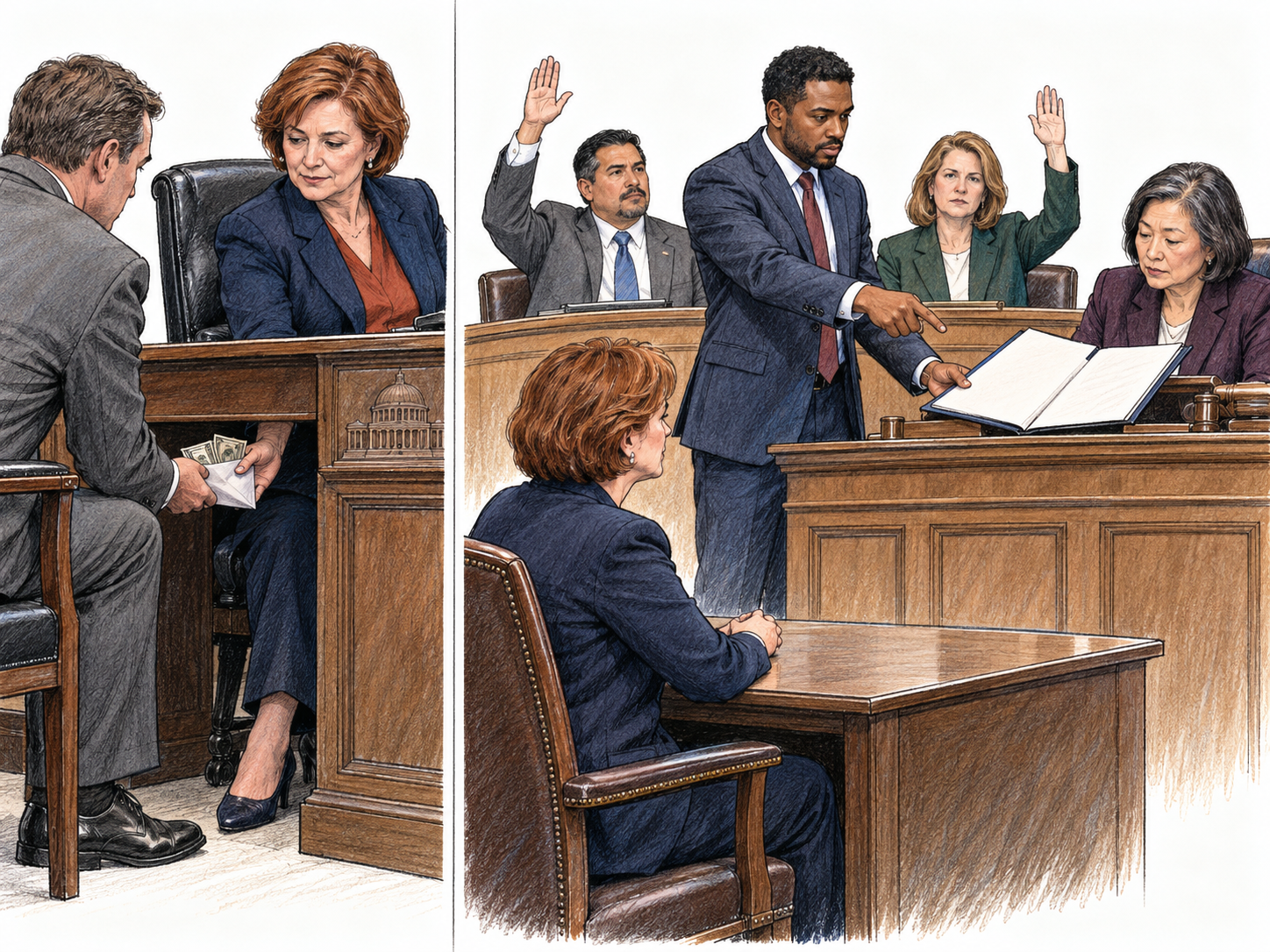 A compact two-scene sequence links an identifiable public official's acceptance of a cash bribe to a legislature's formal adoption and presentation of accusations against that same official.