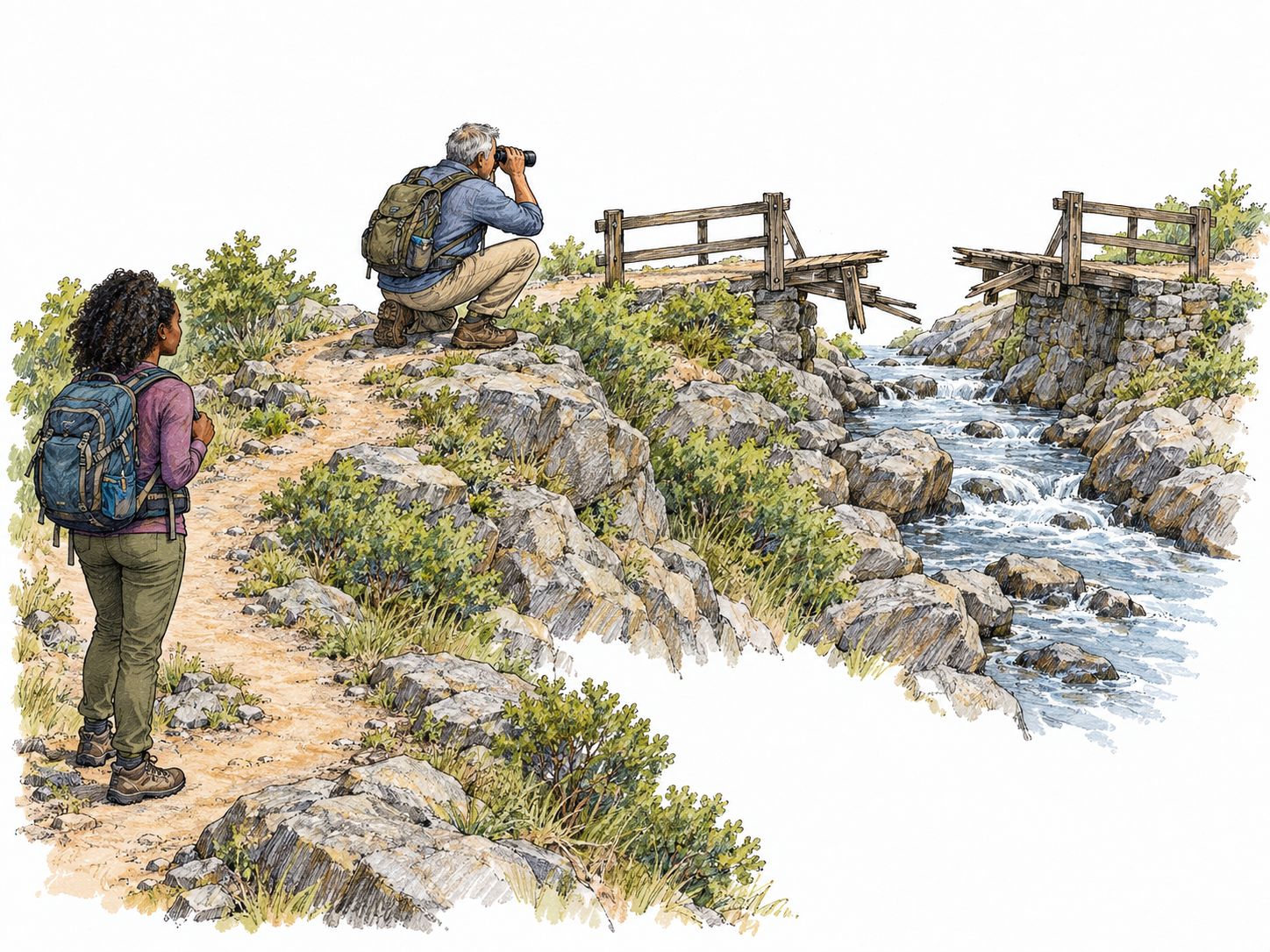 An advance scout checks the route through binoculars from a rocky rise while a waiting expedition member remains well behind him on the same trail.