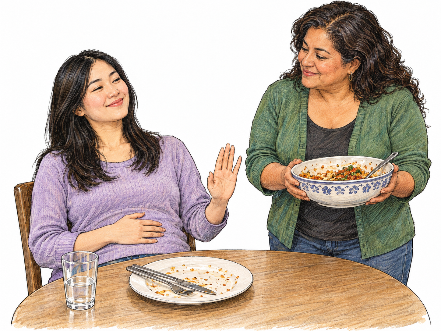 A comfortably full diner leans back after finishing a meal, one hand resting on her abdomen and the other gently declining an offered second helping with a contented smile.