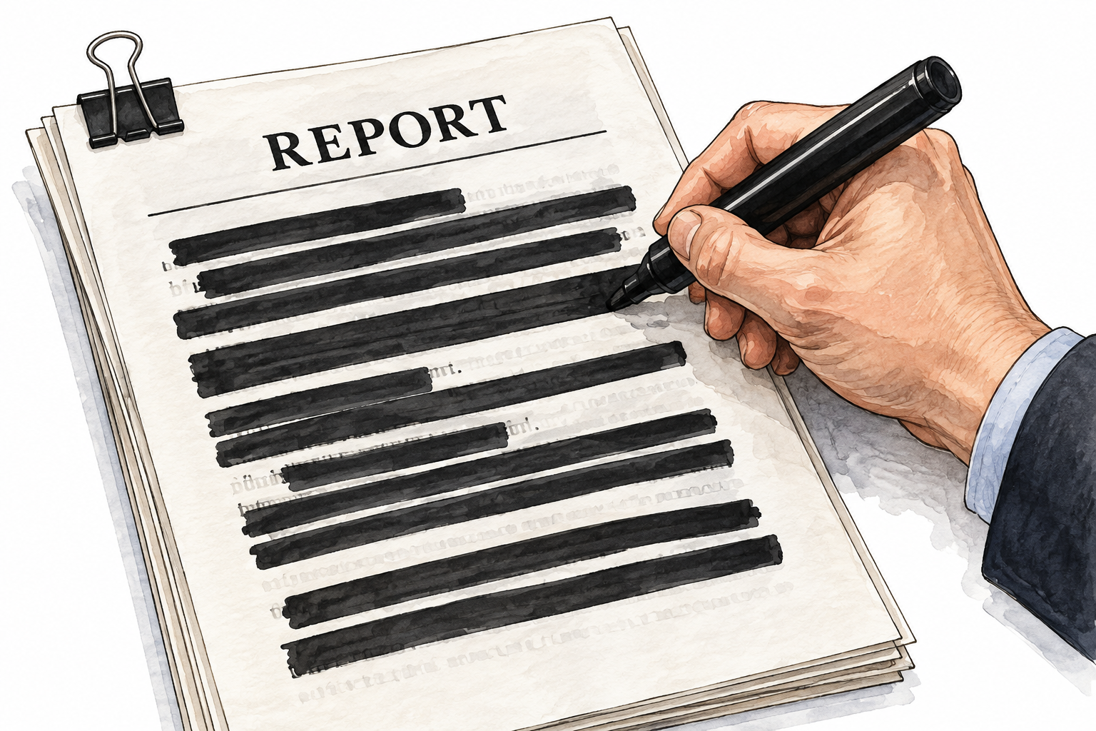 Official redacts lines of report with thick black marker, hiding information; legible heading REPORT only.