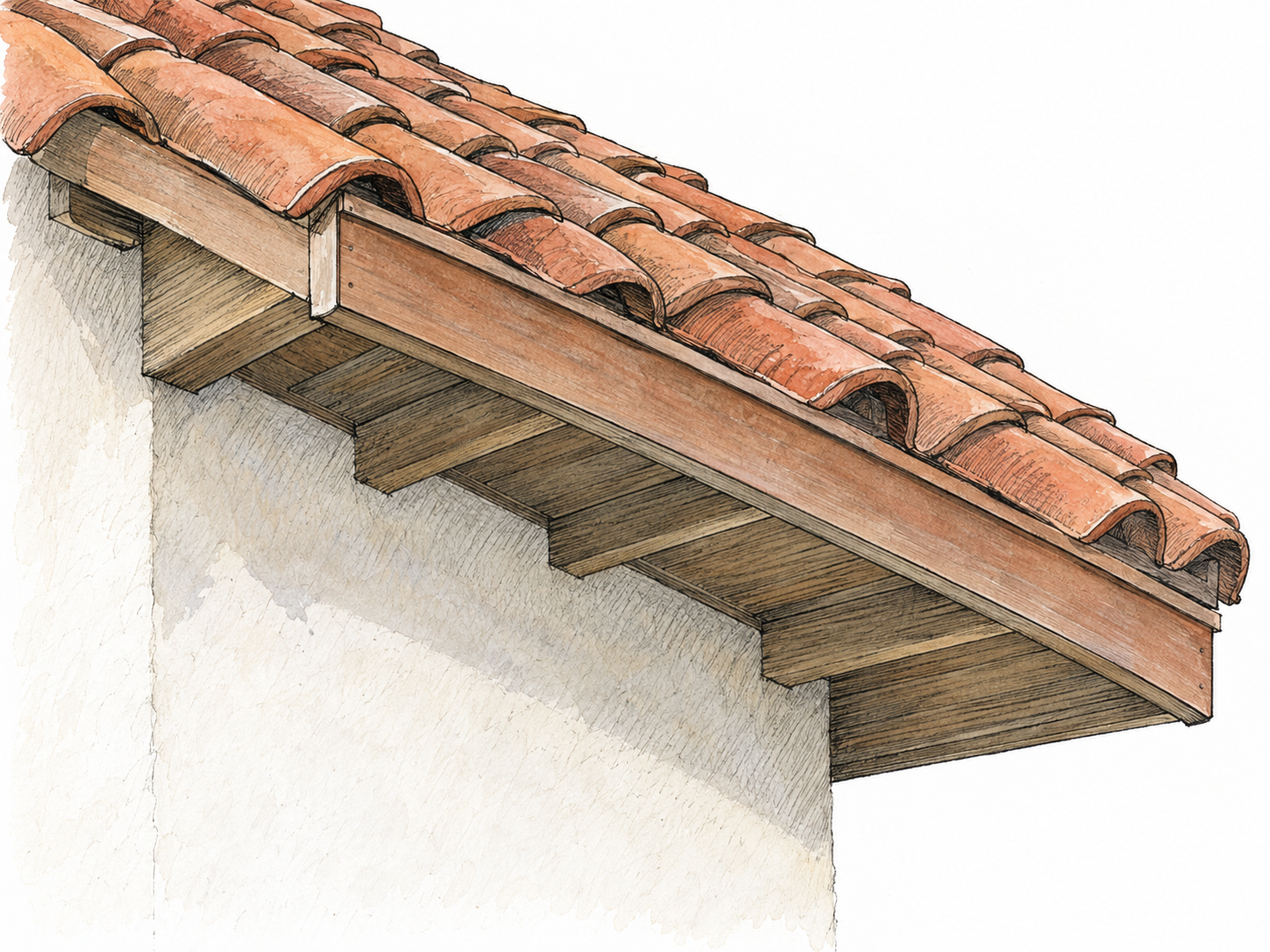 A close three-quarter view of a house's lower roof edge projecting clearly beyond its supporting wall, with the underside visible so the overhang is unmistakable.