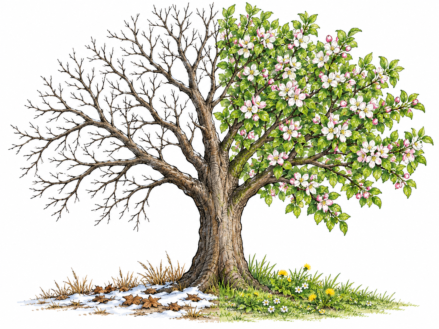 Two connected stages of one plant reveal a bare winter tree transformed into a lush flowering spring tree, matching trunk and branches so the dramatic change in appearance is clear.