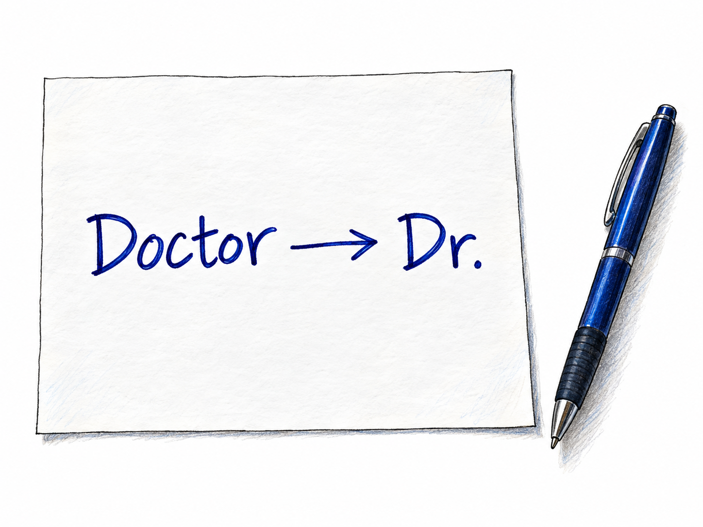 A simple sheet of paper shows “Doctor” changing via a right-pointing arrow into “Dr.”, making the shortening of a word directly visible.