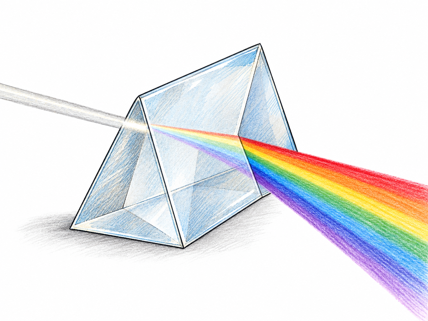 A clear triangular glass prism bends an incoming narrow beam of white light and separates it into a spreading visible spectrum.