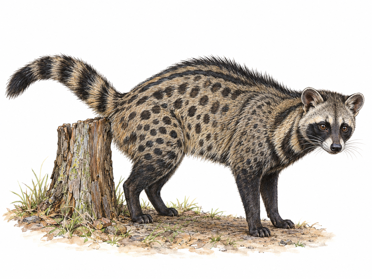 One African civet in clear three-quarter side view, showing its pointed muzzle, dark facial mask, spotted body, raised dorsal crest and banded tail.
