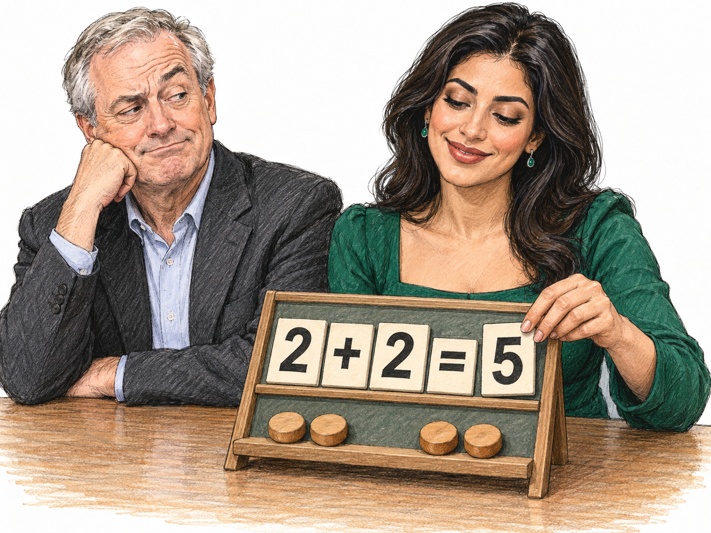 The derogatory stereotype of an attractive but supposedly unintelligent person, especially a woman: a glamorous adult makes a conspicuous elementary arithmetic error while a fellow participant responds with visible condescension.