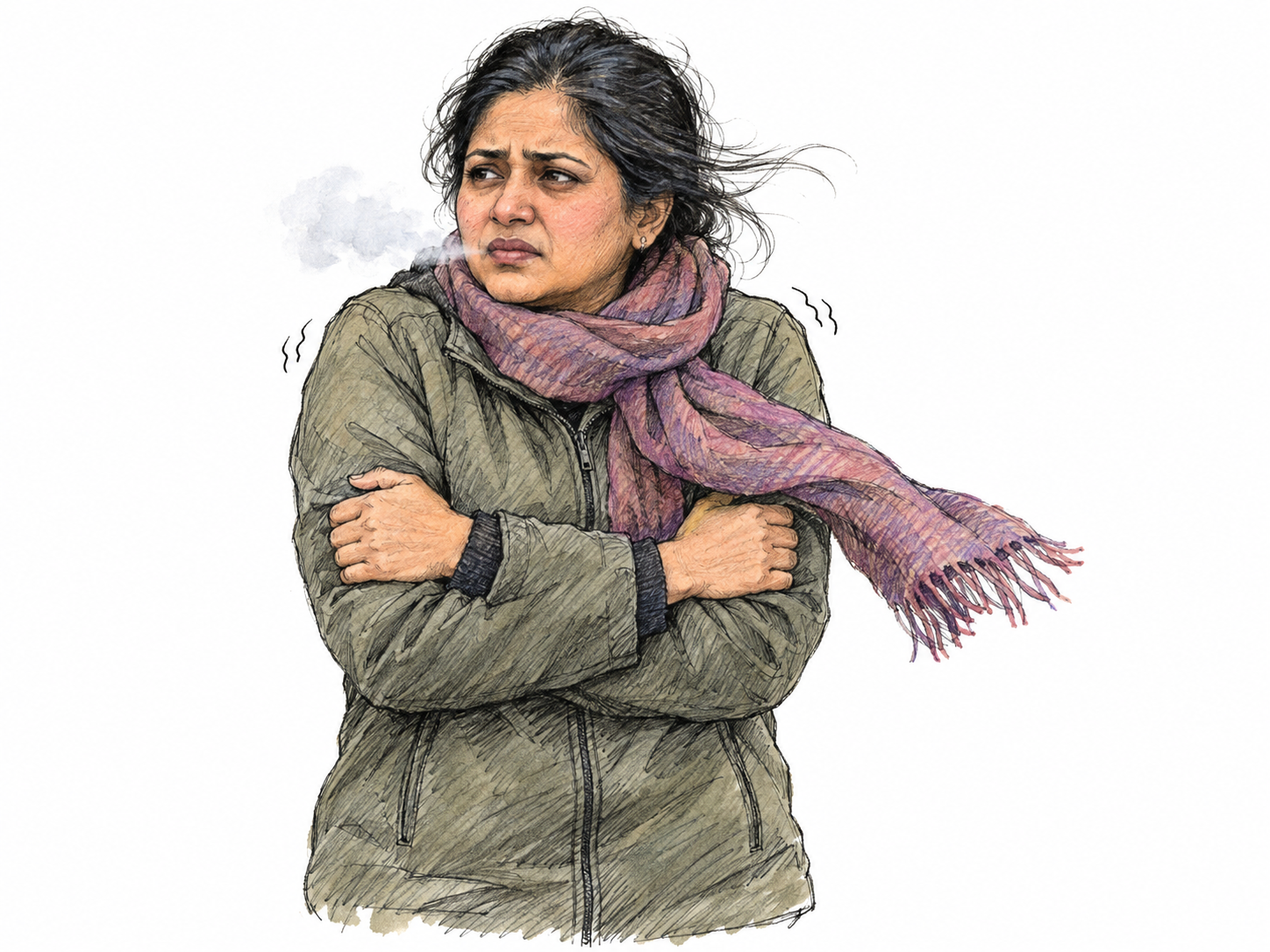 A middle-aged South Asian woman shivers in a cold breeze, shoulders raised and arms wrapped tightly around herself, with small trembling marks at her shoulders.