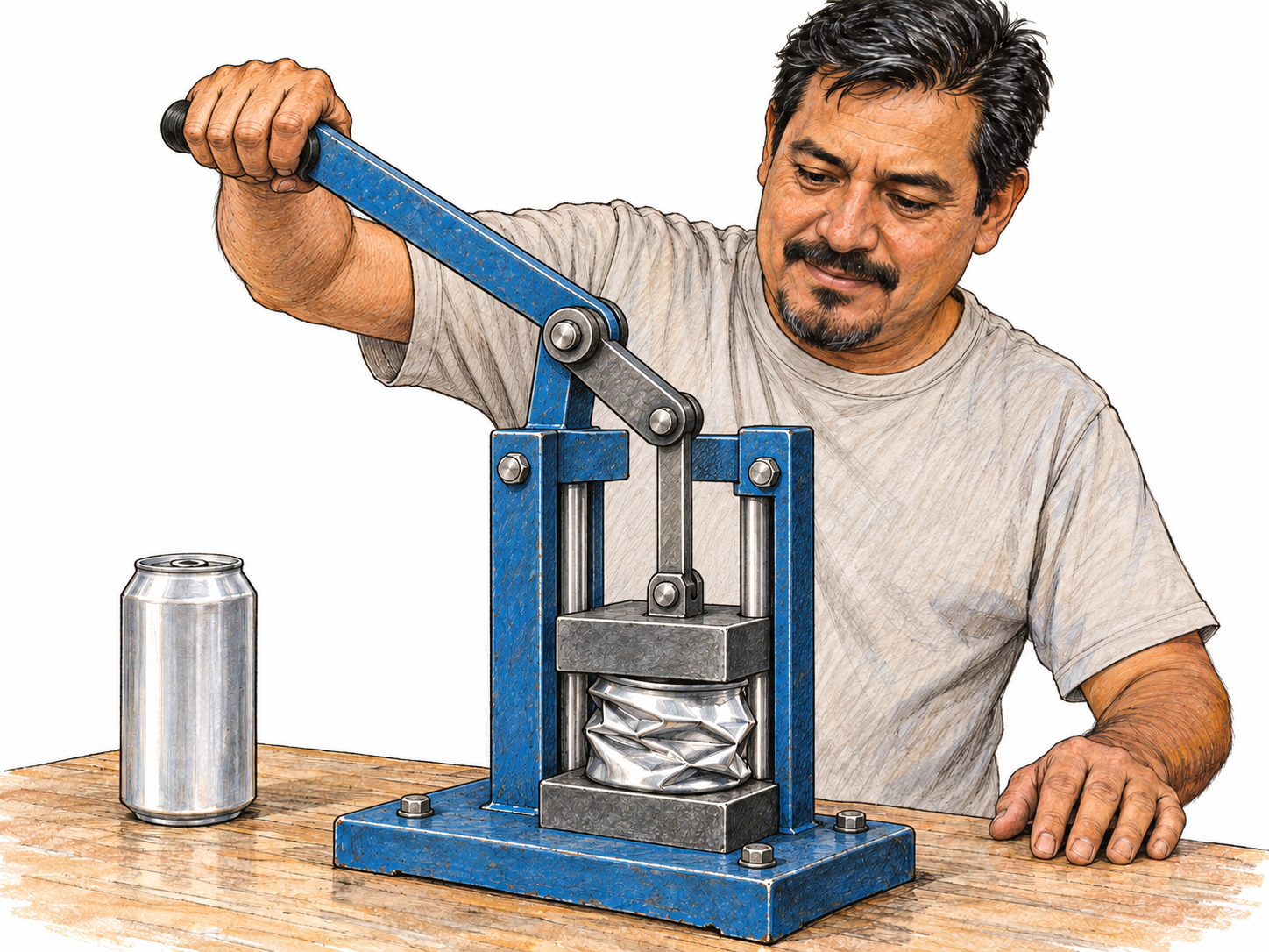 A bench-mounted manual can crusher visibly compresses an empty aluminum drink can between its descending plate and fixed base, buckling the can into deep folds.