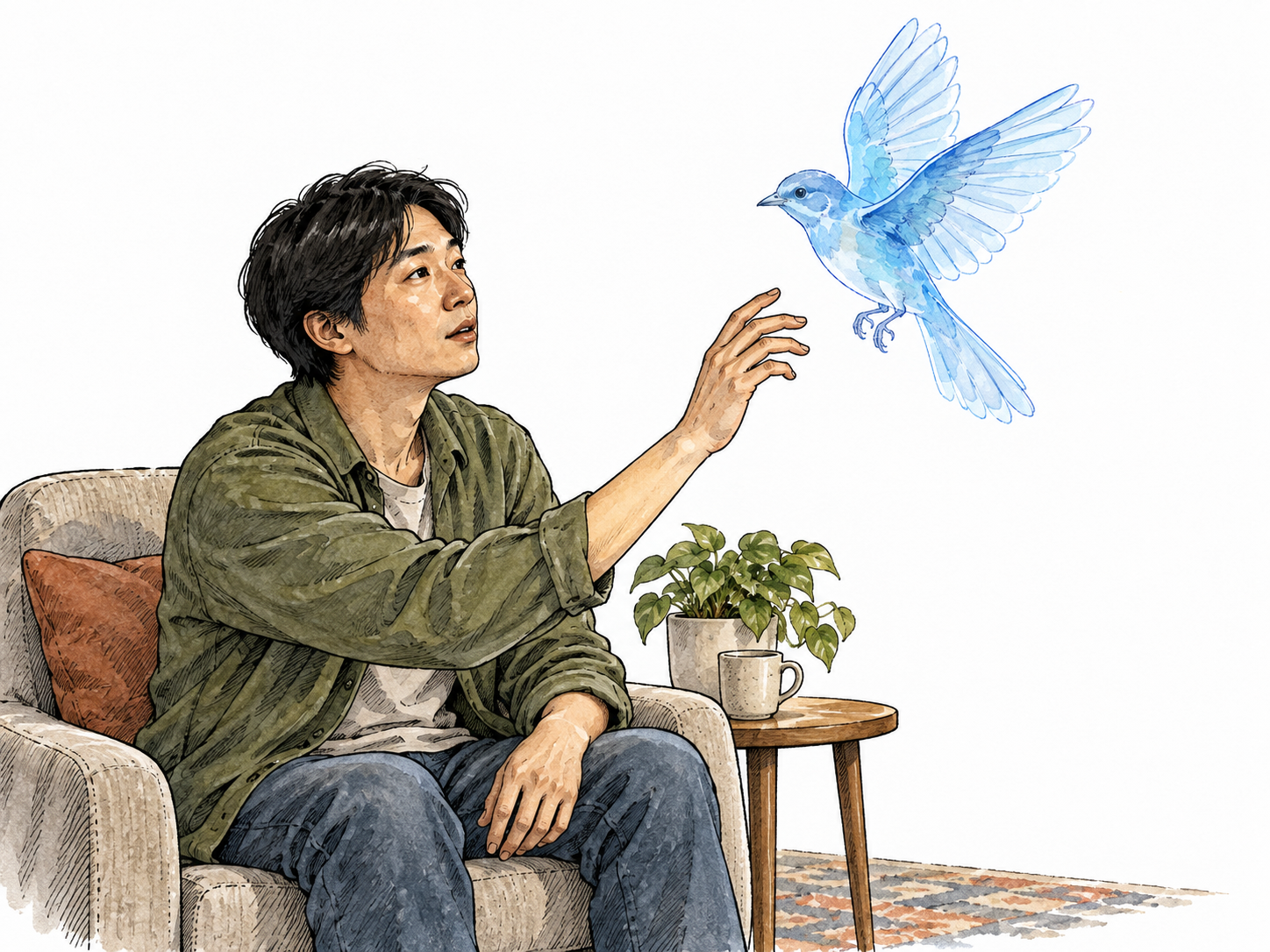A seated East Asian adult sees a translucent imaginary blue bird hovering indoors, clearly subjective vision rather than a real bird.