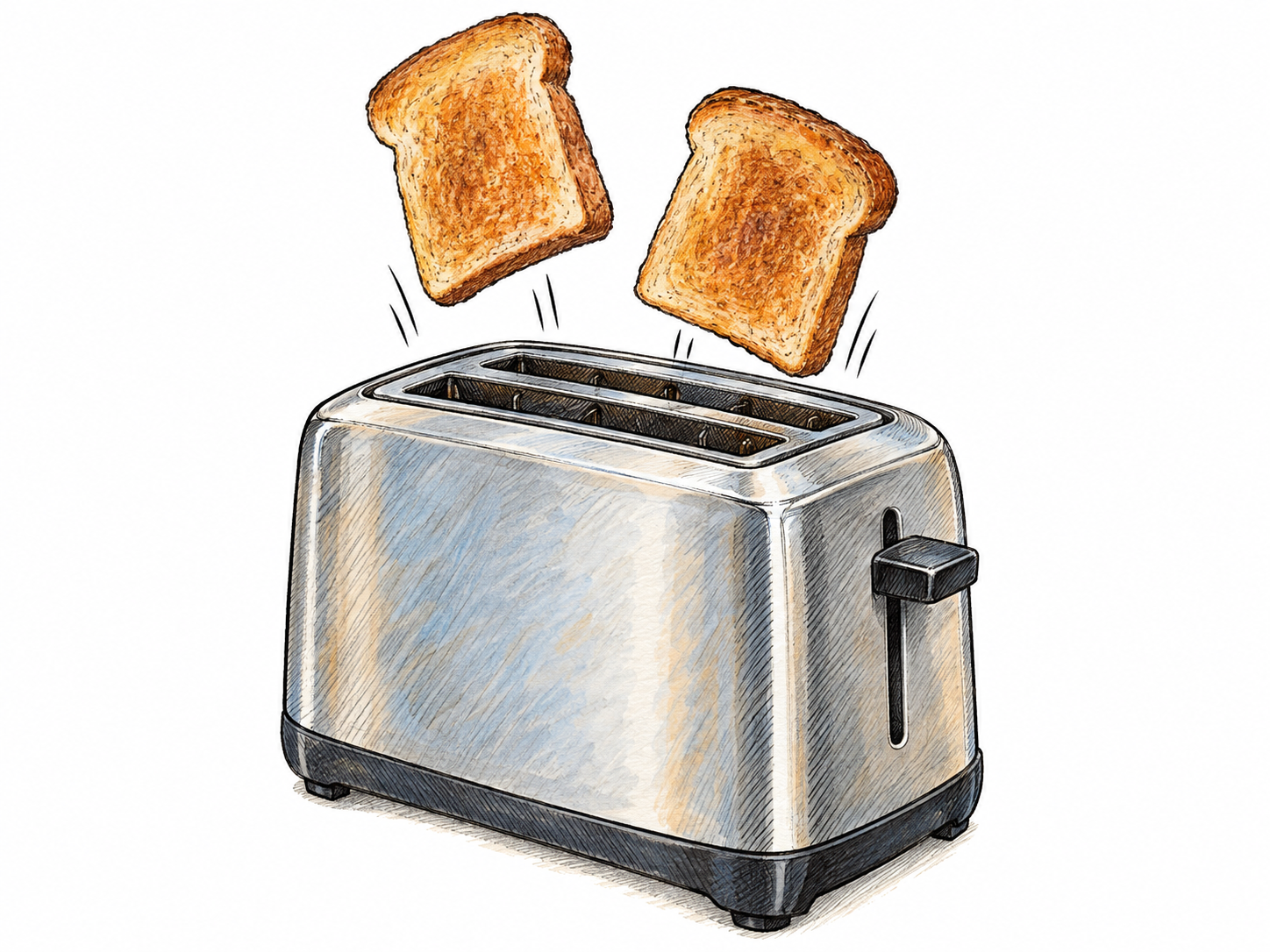 A spring-loaded toaster forcefully ejects two slices of toast, caught just above its slots as the mechanism snaps upward.