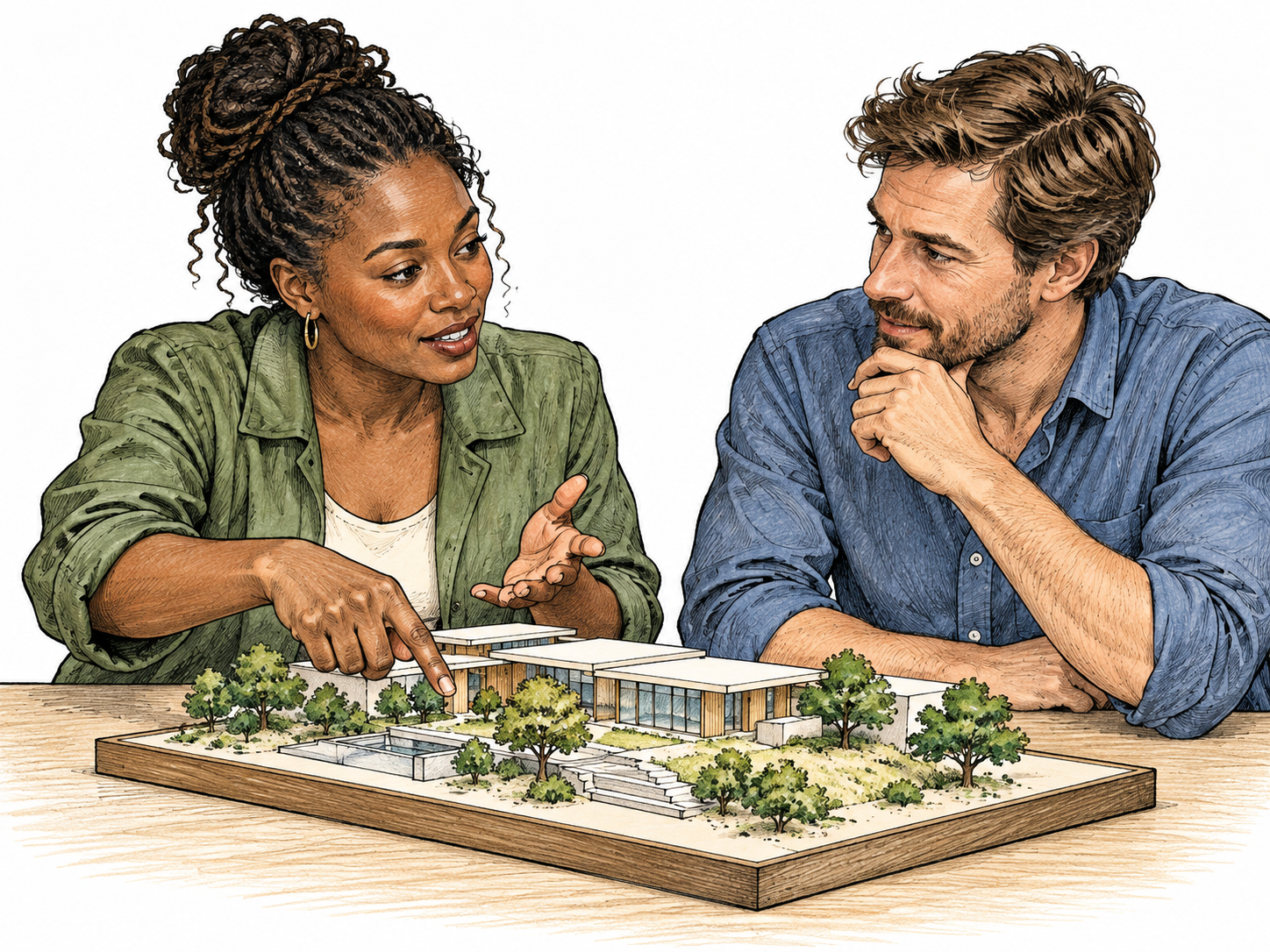 A Black woman and white man talk together over a small architectural model, taking turns gesturing toward its parts and listening.