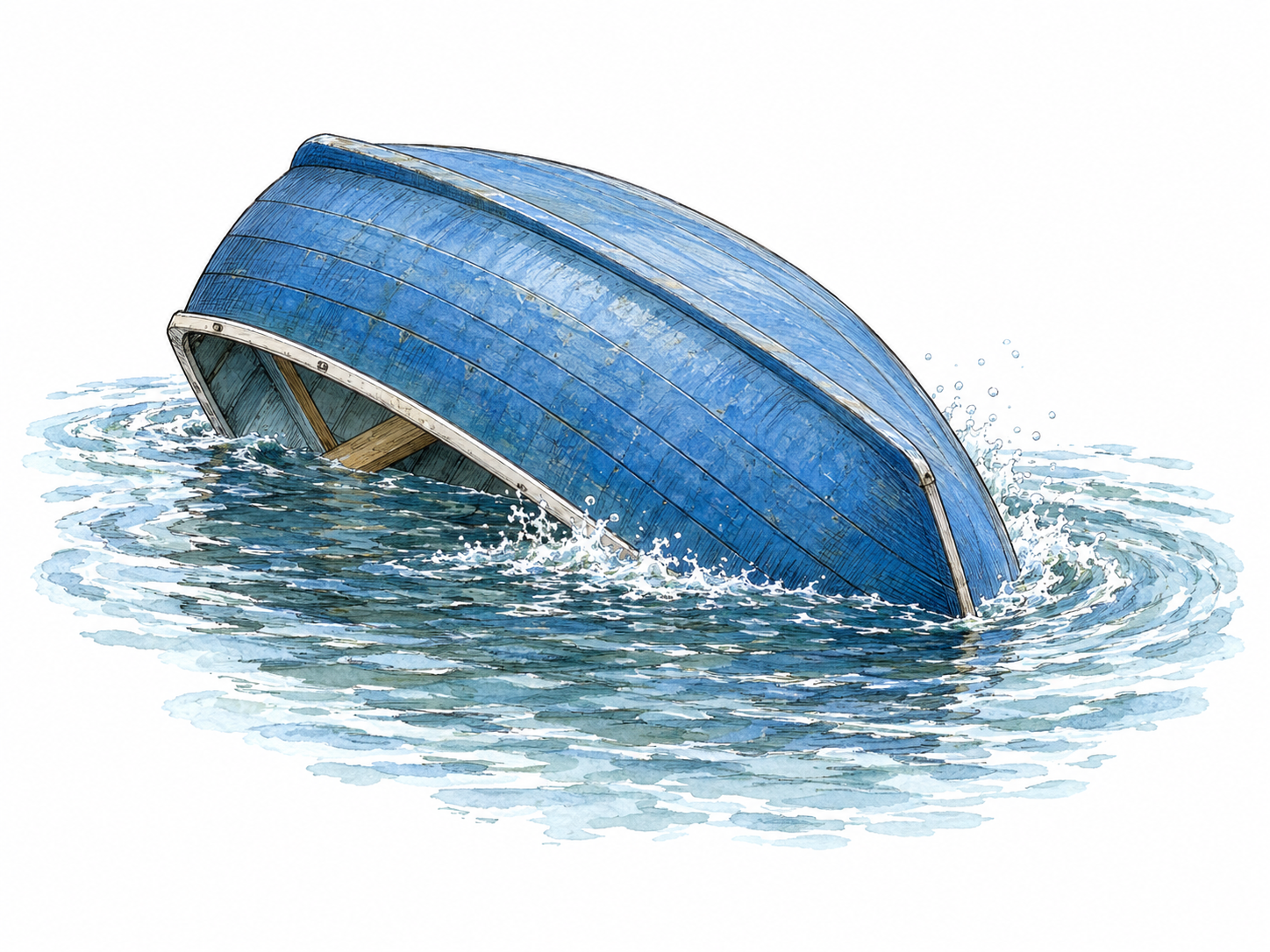 A small dinghy overturning in water, with its rounded underside exposed, open cockpit tipping beneath the surface, and a splash along the submerged gunwale.