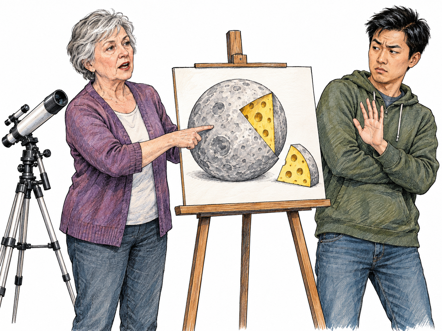 A self-assured amateur speaker solemnly presents the moon as a wheel of cheese, while a listener visibly dismisses the ridiculous explanation: foolish talk rather than a literal fantasy world.
