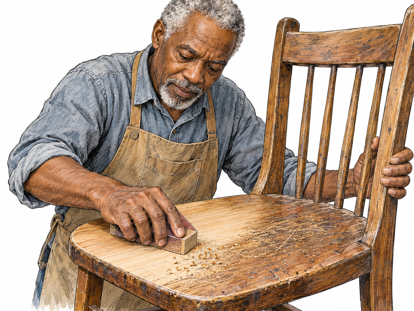 An older man improves a battered wooden chair by sanding its rough seat: the worked area is smooth and clean beside the still-splintered, worn area.