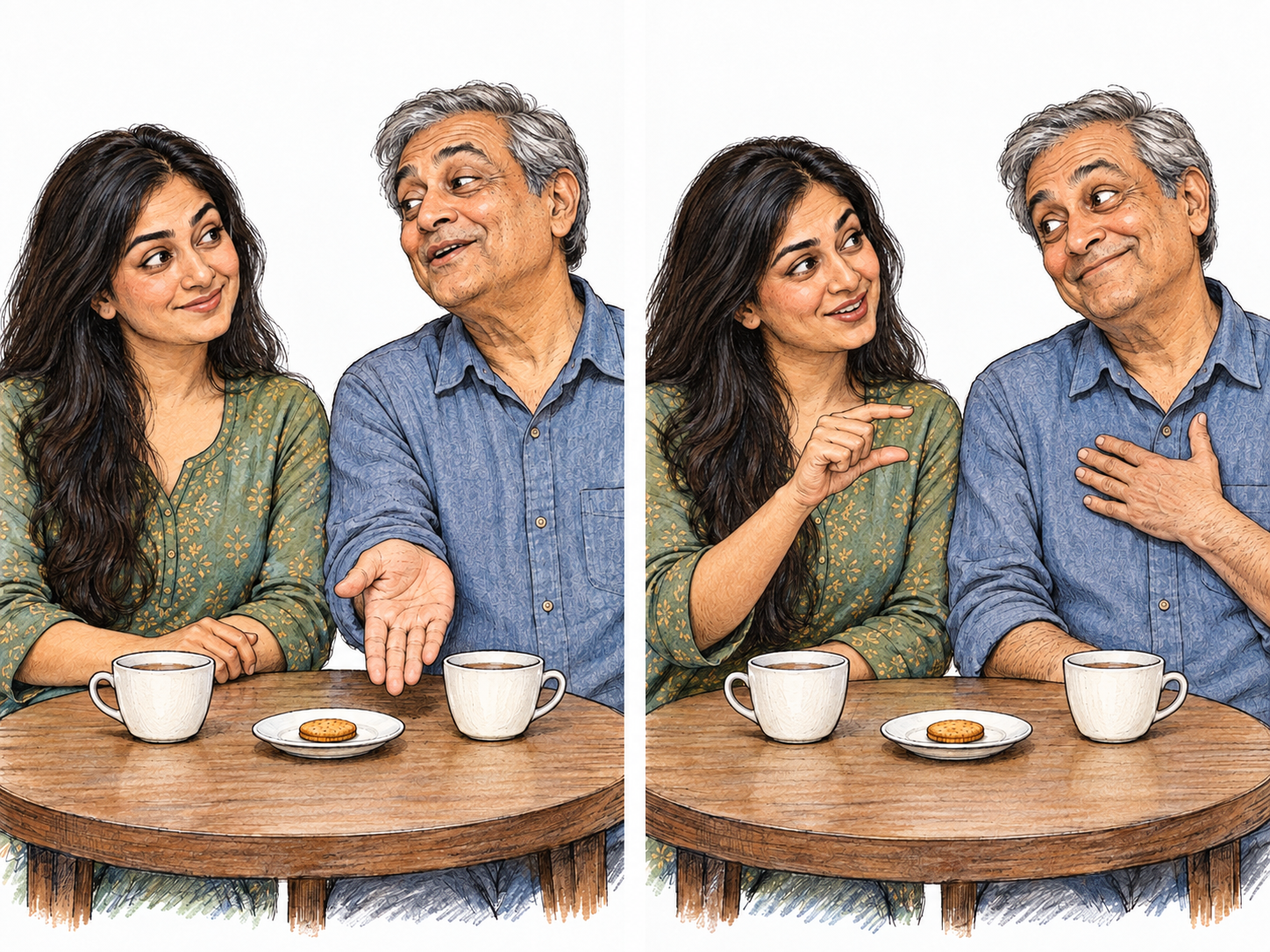 Light, playful, or joking conversation shown as reciprocal banter over a tiny biscuit: two successive moments show mock-grand presentation, an amused teasing reply, and smiling mock wounded dignity.