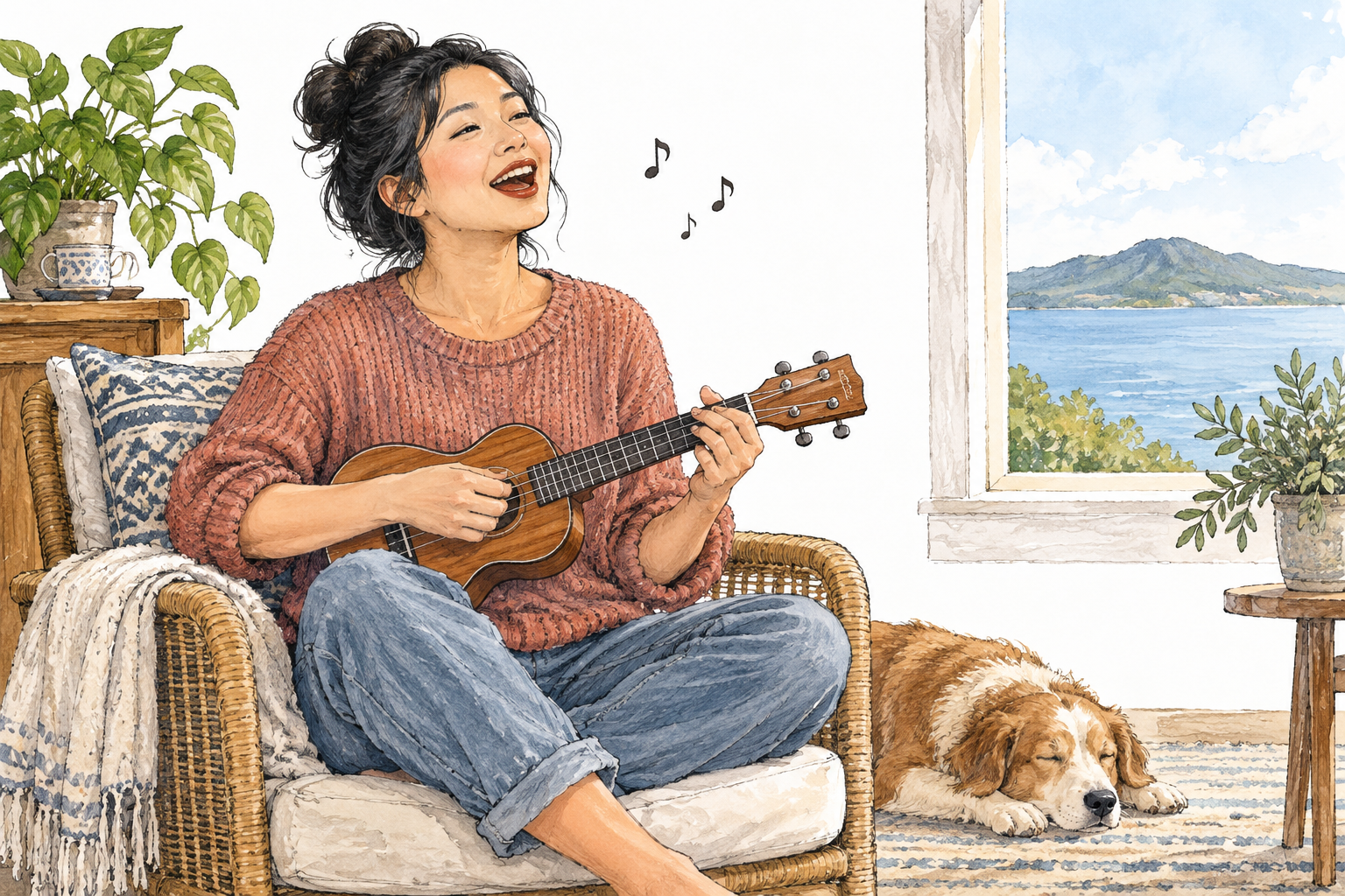 A cheerful adult sings a short simple tune while strumming a small ukulele, two or three small musical notes only floating nearby.