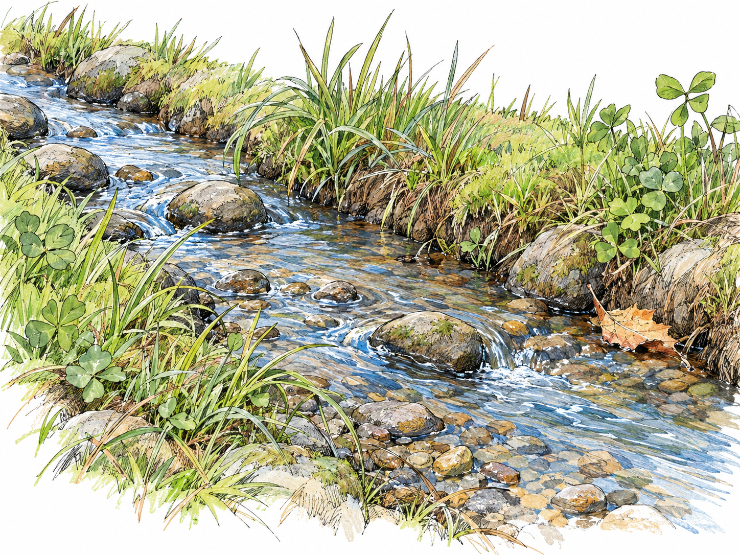 A tiny, shallow brook winds through a narrow grassy channel, with pebbles visible beneath clear water and small ripples showing its flow.
