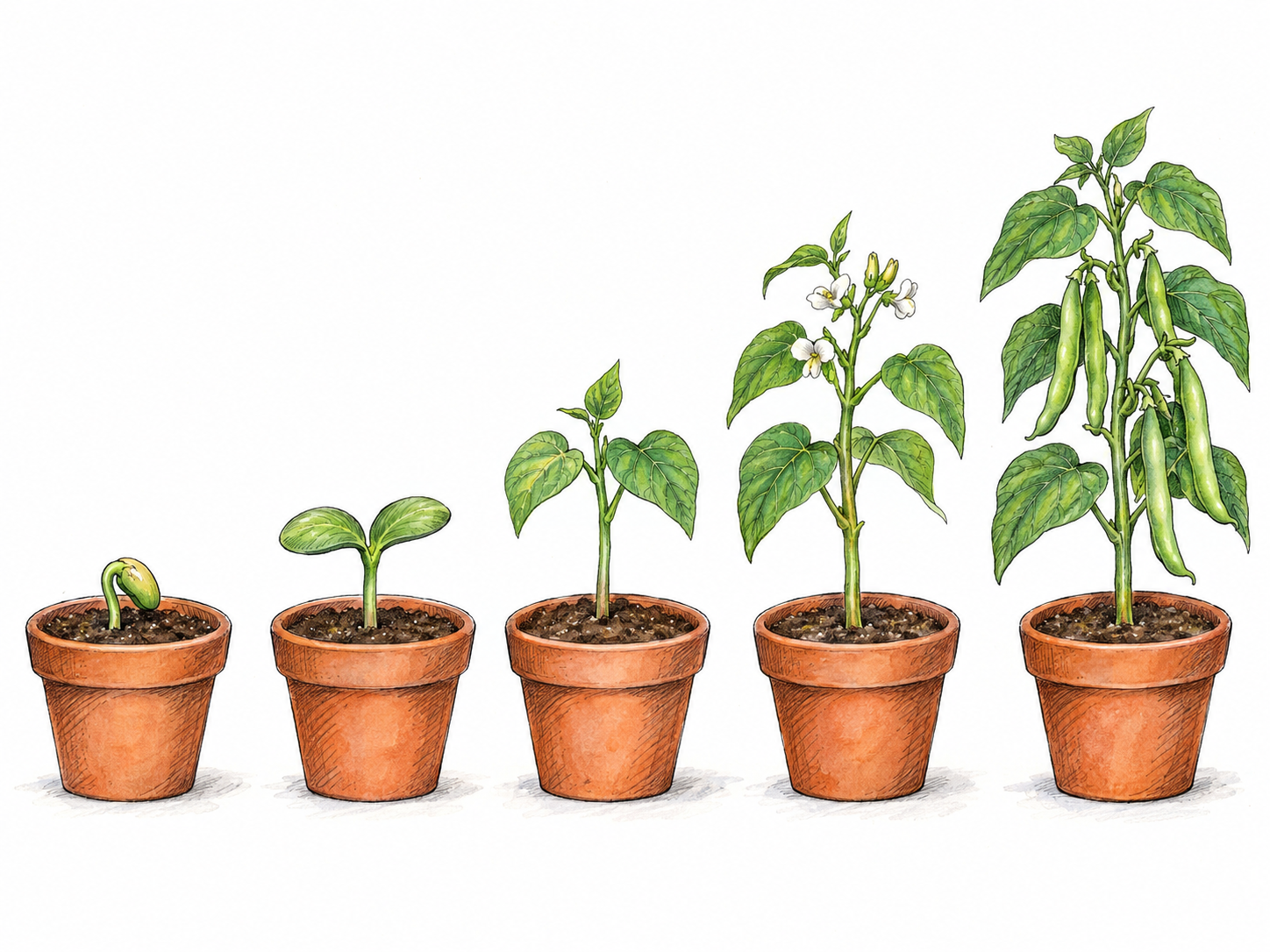 Five matching small terracotta pots arranged in a clear left-to-right row, showing successive stages of a bean plant from newly sprouted seedling to a leafy plant bearing pods.