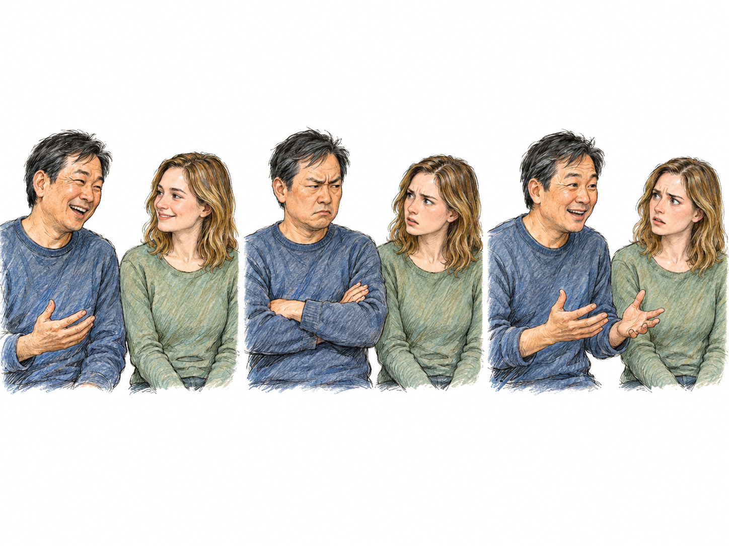 A compact three-moment sequence shows the same man abruptly shifting from cheerful laughter to irritation to cheerful engagement during an otherwise unchanged conversation.