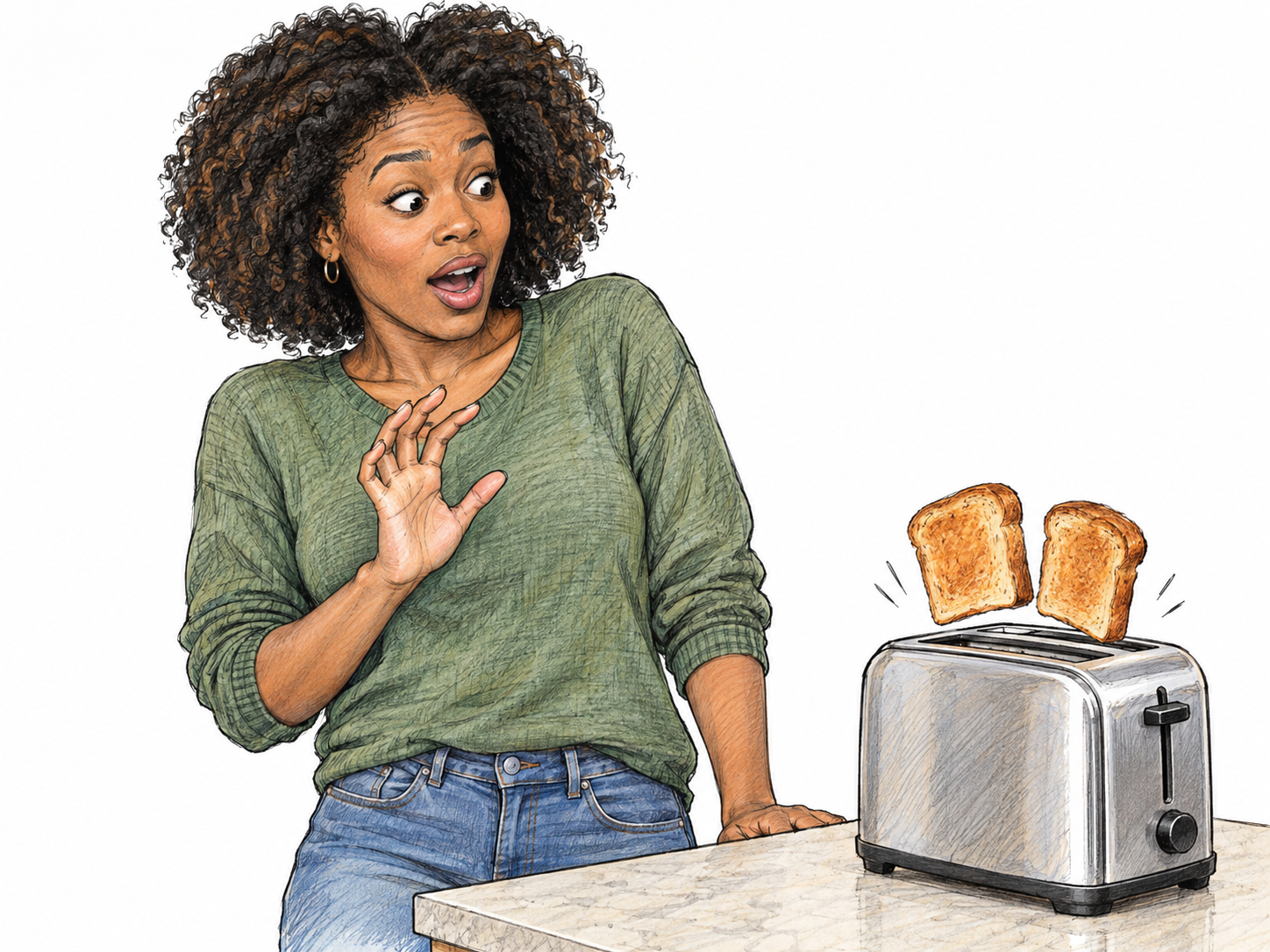 A woman recoils in startled surprise as two slices of toast spring from a toaster, her eyes wide and mouth open in an involuntary exclamation.