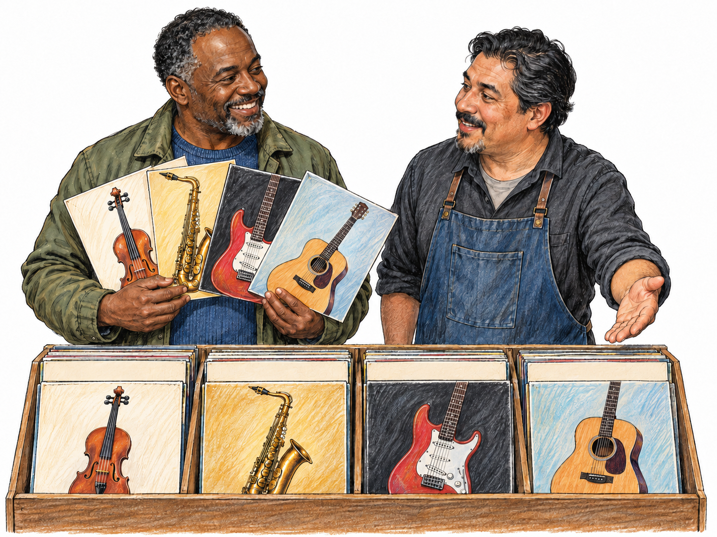 A music-shop customer enthusiastically selects records across four contrasting genres, visibly demonstrating wide-ranging musical tastes rather than religious affiliation.