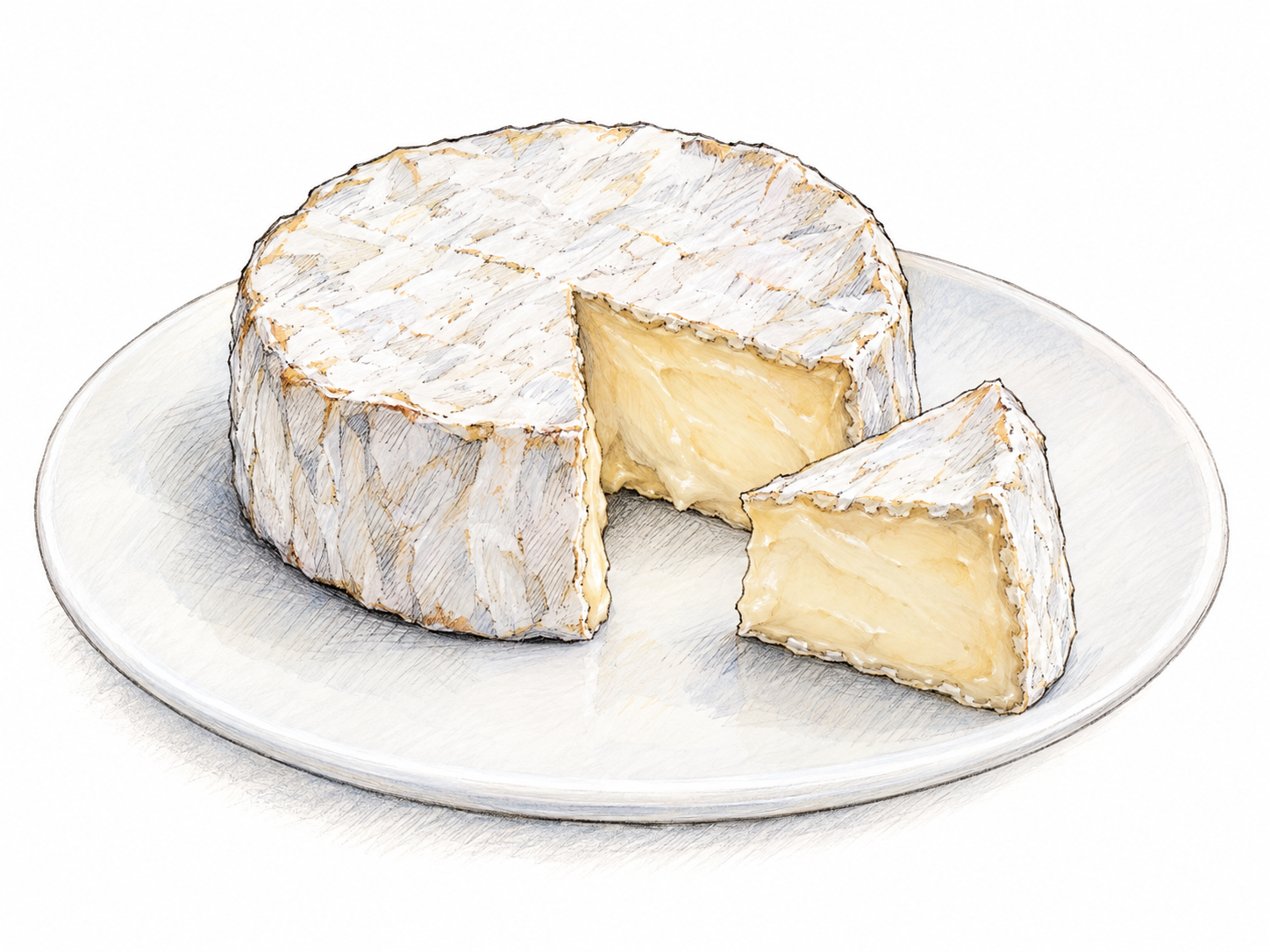 A small wheel of brie with one wedge cut out and placed beside it, revealing its soft, creamy interior beneath a thin pale rind.