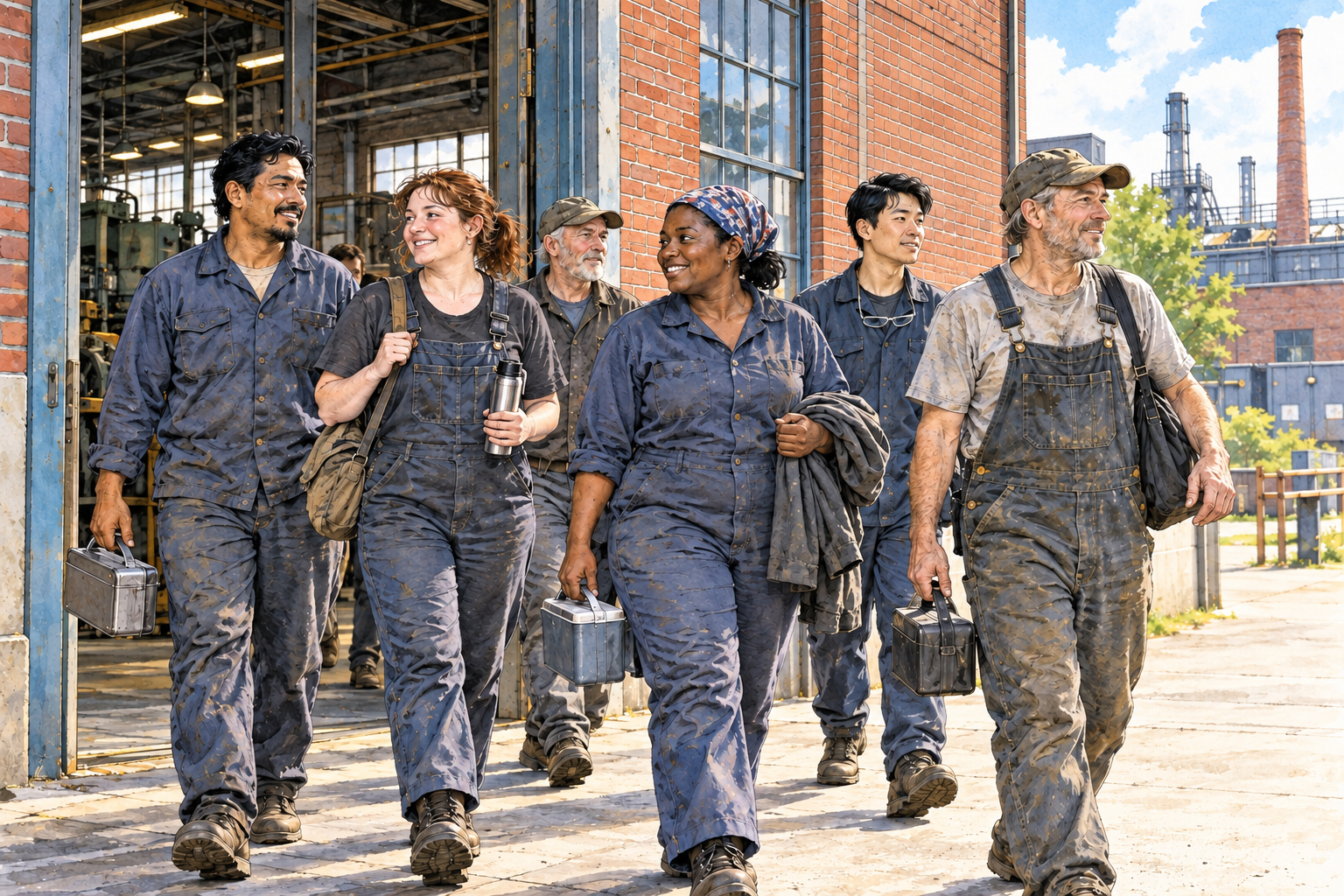 A varied group of factory wage workers leaves a workshop together, ownership not implied.