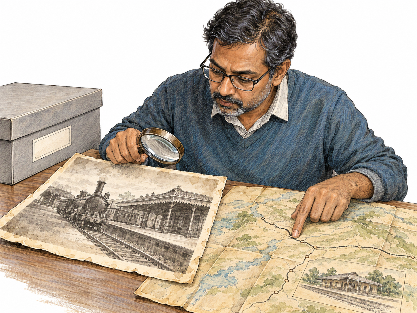 A historian studies archival evidence of the past, comparing an aged photograph of a steam railway with an old illustrated railway map.