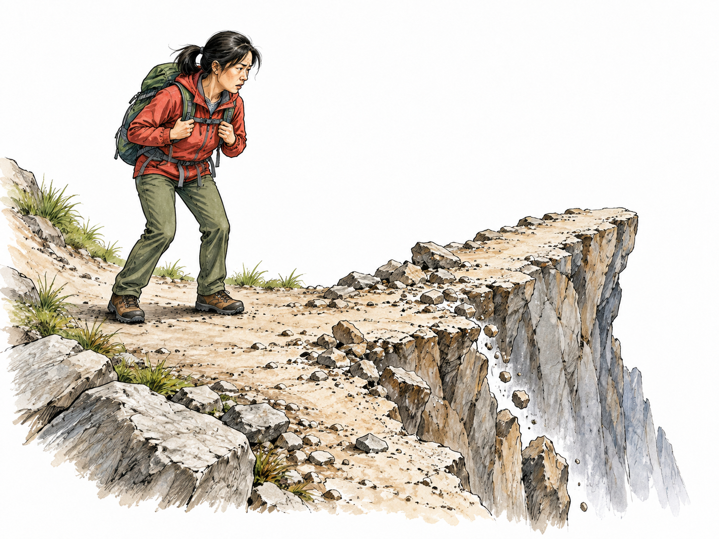 A hiker halted at a crumbling cliff path looks across loose stones and a deep drop, serious peril apparent, safely away from edge.