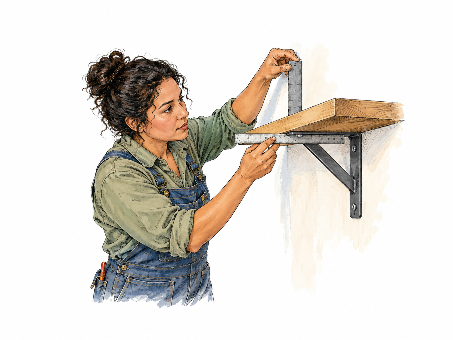 Mechanic applies learned geometry using ruler and square to align a shelf bracket precisely.
