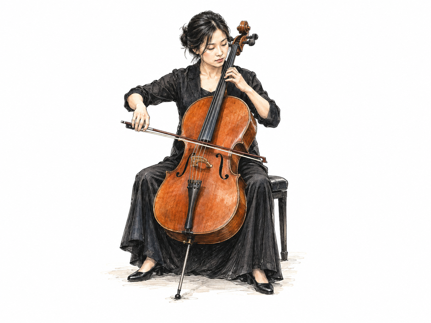 Seated cellist draws bow across strings, instrument between knees with endpin on floor.