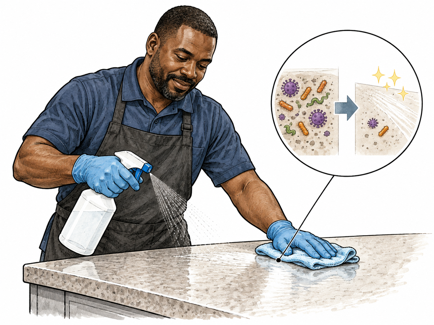 A Black adult cleaner uses a plain disinfectant bottle and cloth on a counter; a small diagram inset shows simple microbe shapes diminishing on the wiped area, no labels or text.