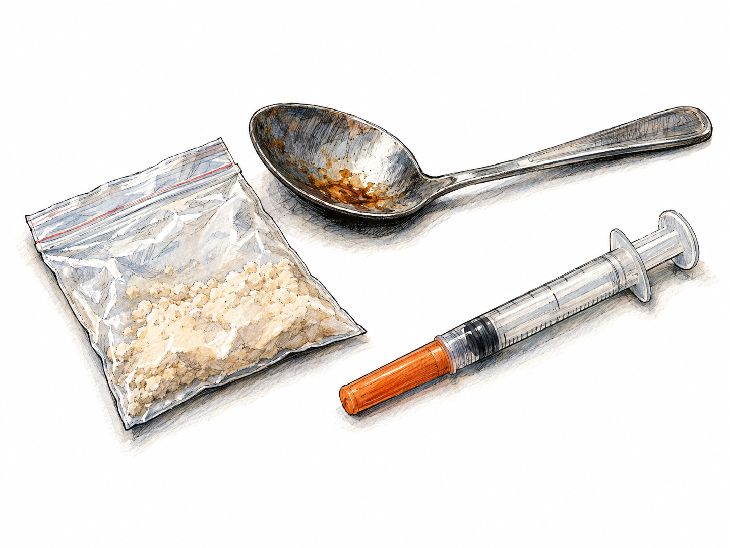 A restrained heroin-associated still life: a small packet of beige powder, a used-looking scorched spoon with dried brown residue, and a capped syringe.