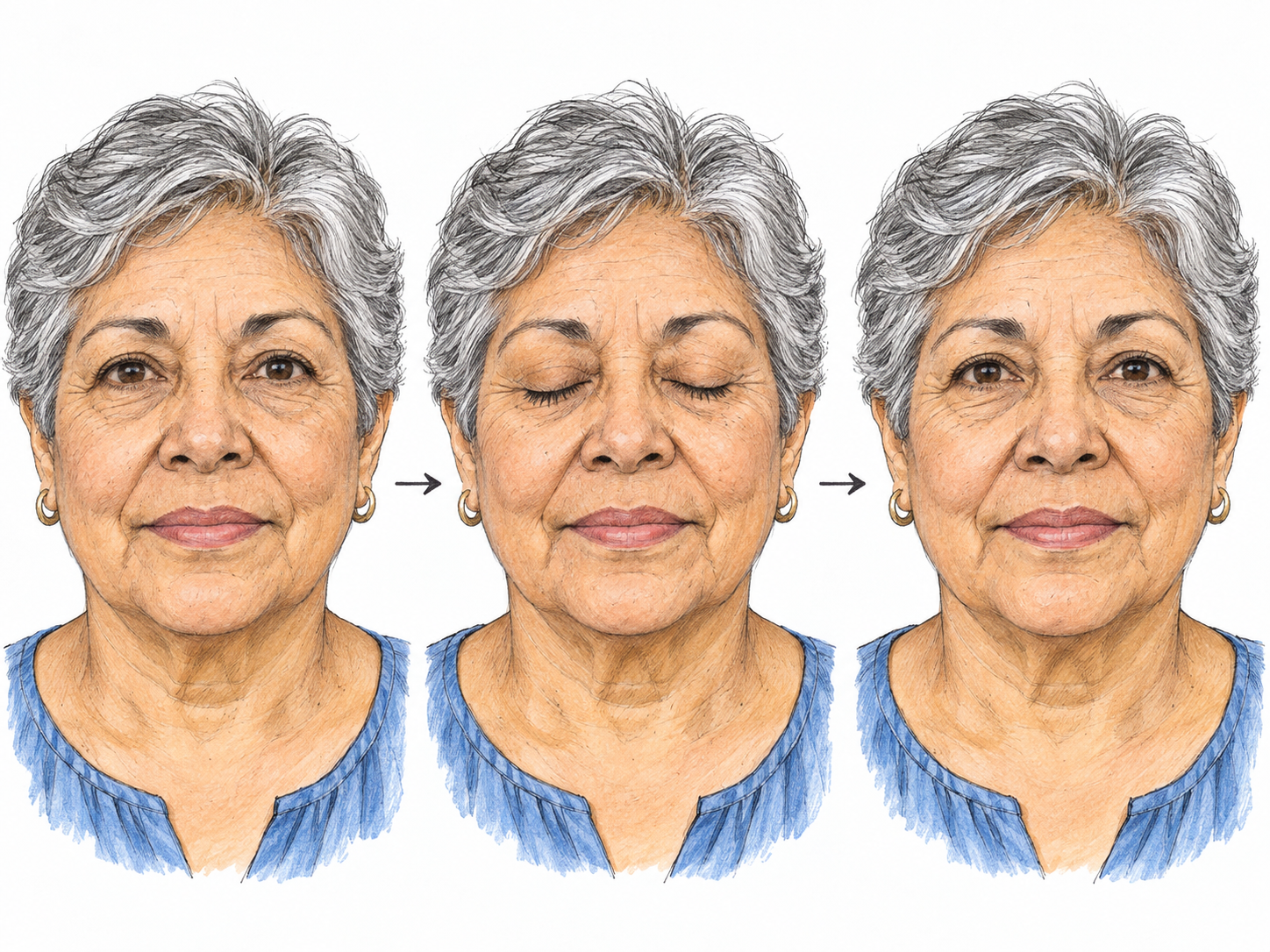 A compact three-moment sequence of the same woman's face: both eyes open, both eyelids gently shut, then both eyes open again.