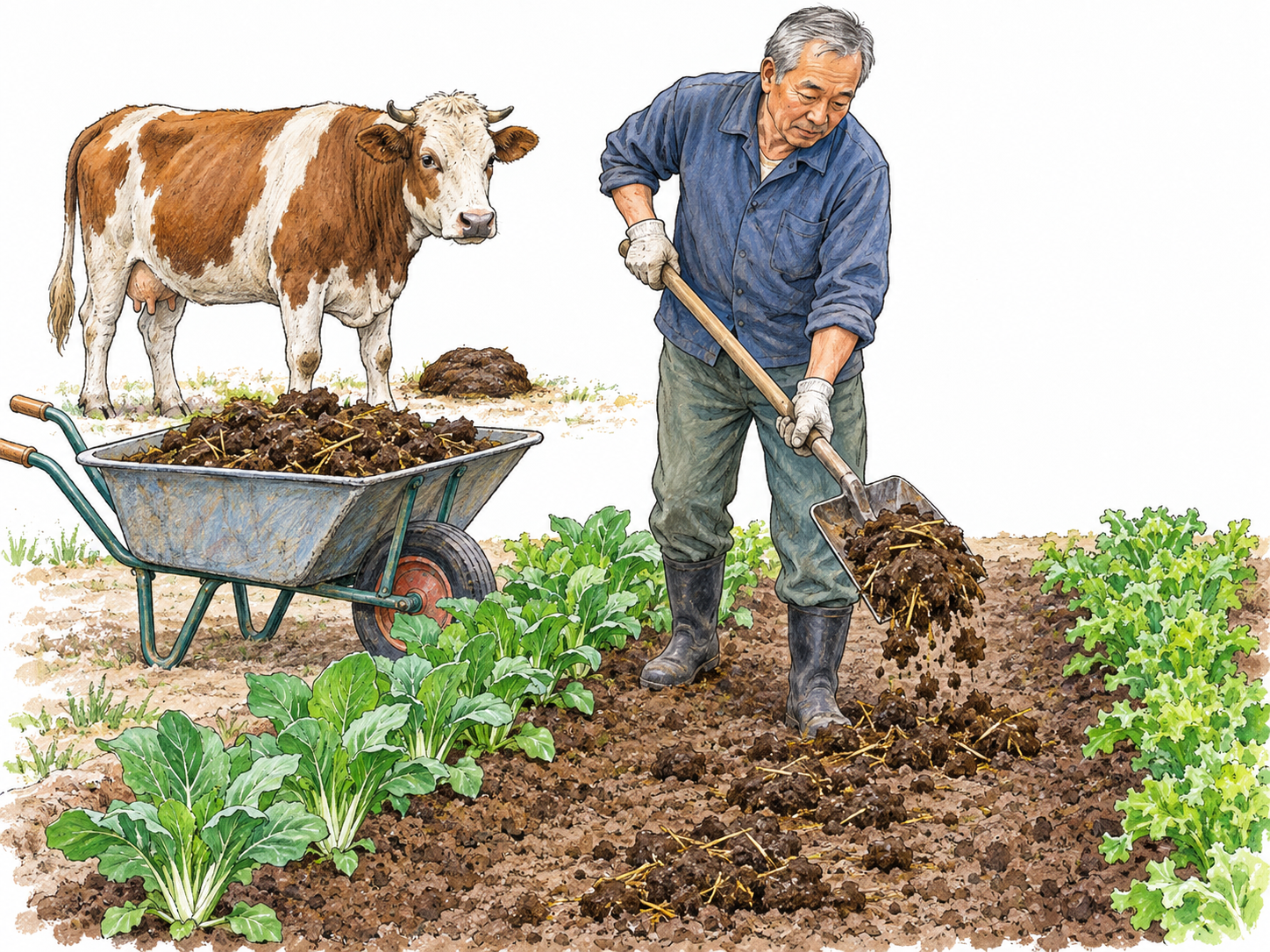 An older gardener spreads straw-flecked cow manure from a wheelbarrow onto soil between vegetable rows.