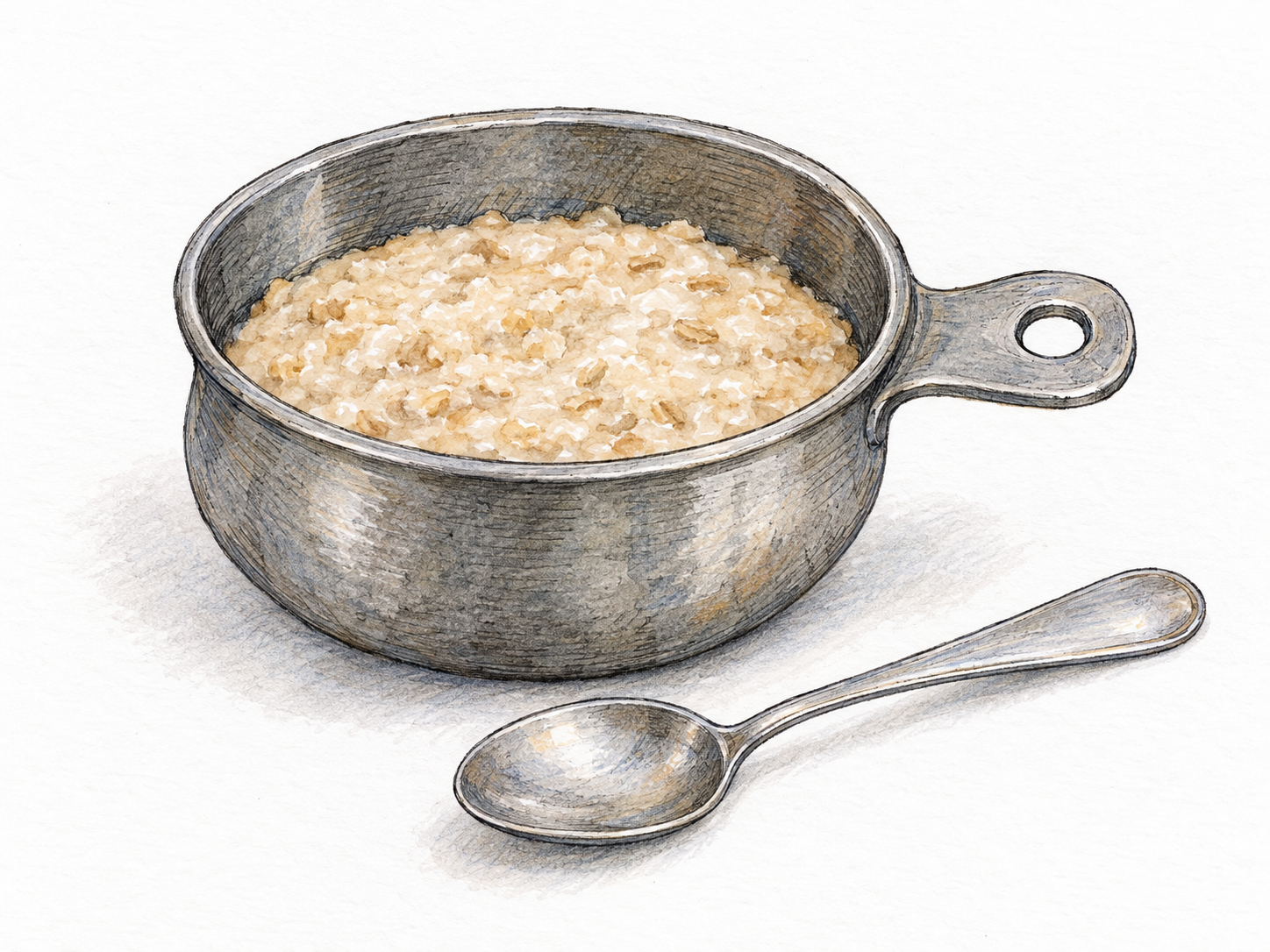 A small pewter porringer filled with porridge, shown at a three-quarter angle so its shallow rounded bowl and single flat pierced side handle are unmistakable.