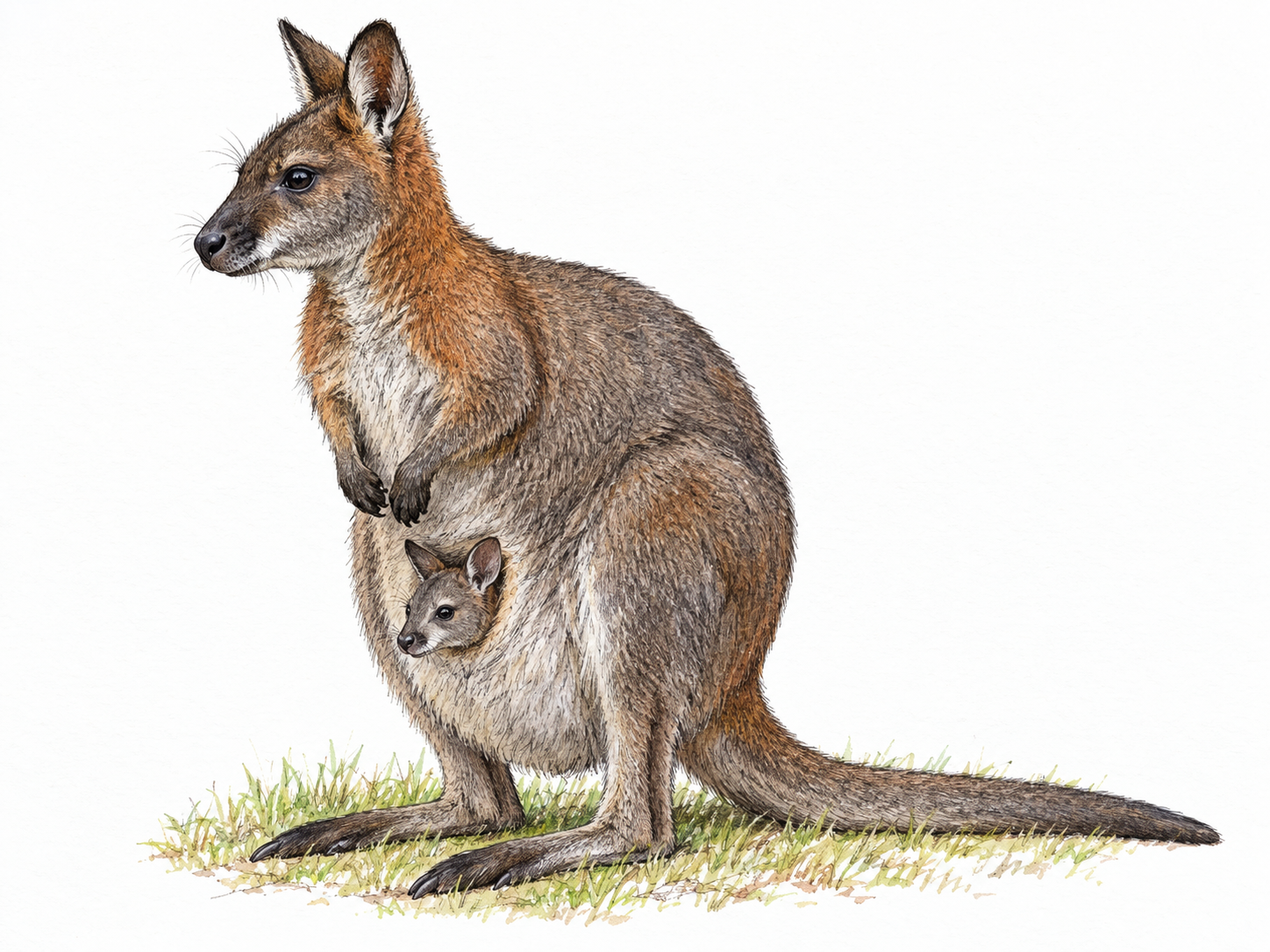 A single red-necked wallaby in a clear three-quarter side view, showing its compact body, powerful hind legs, small forepaws, long balancing tail, and a joey peeking from its pouch.