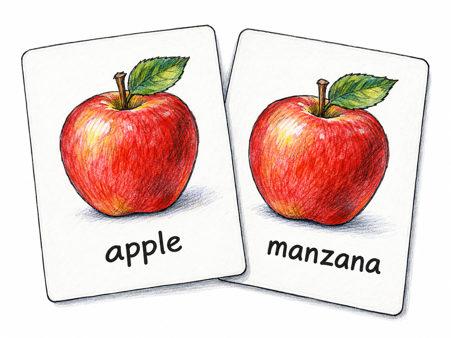 Two small matching cards are laid side by side, each bearing the same simple hand-drawn red apple.