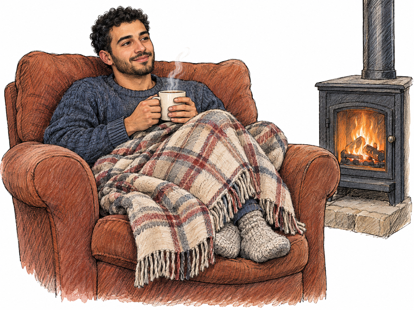 A relaxed young man nestles into a cushioned armchair under a thick blanket, holding a steaming mug.