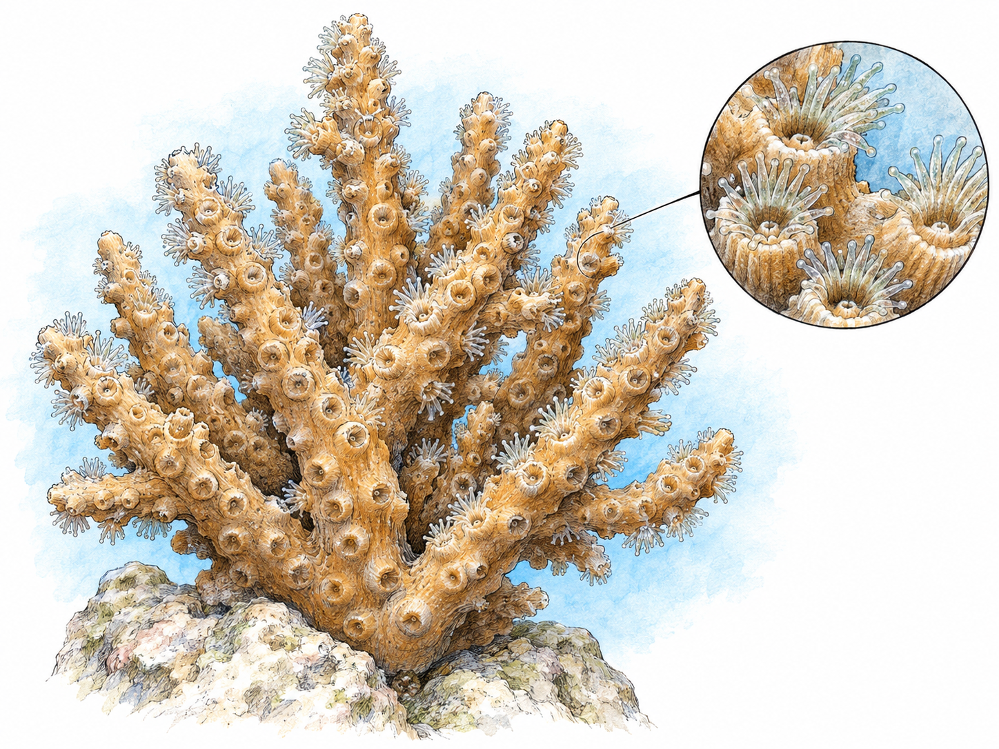 A living branching stony coral colony attached to a small piece of seabed, with a few visibly extended polyps and an unlabelled magnified detail showing tiny animals seated in the hard coral cups.