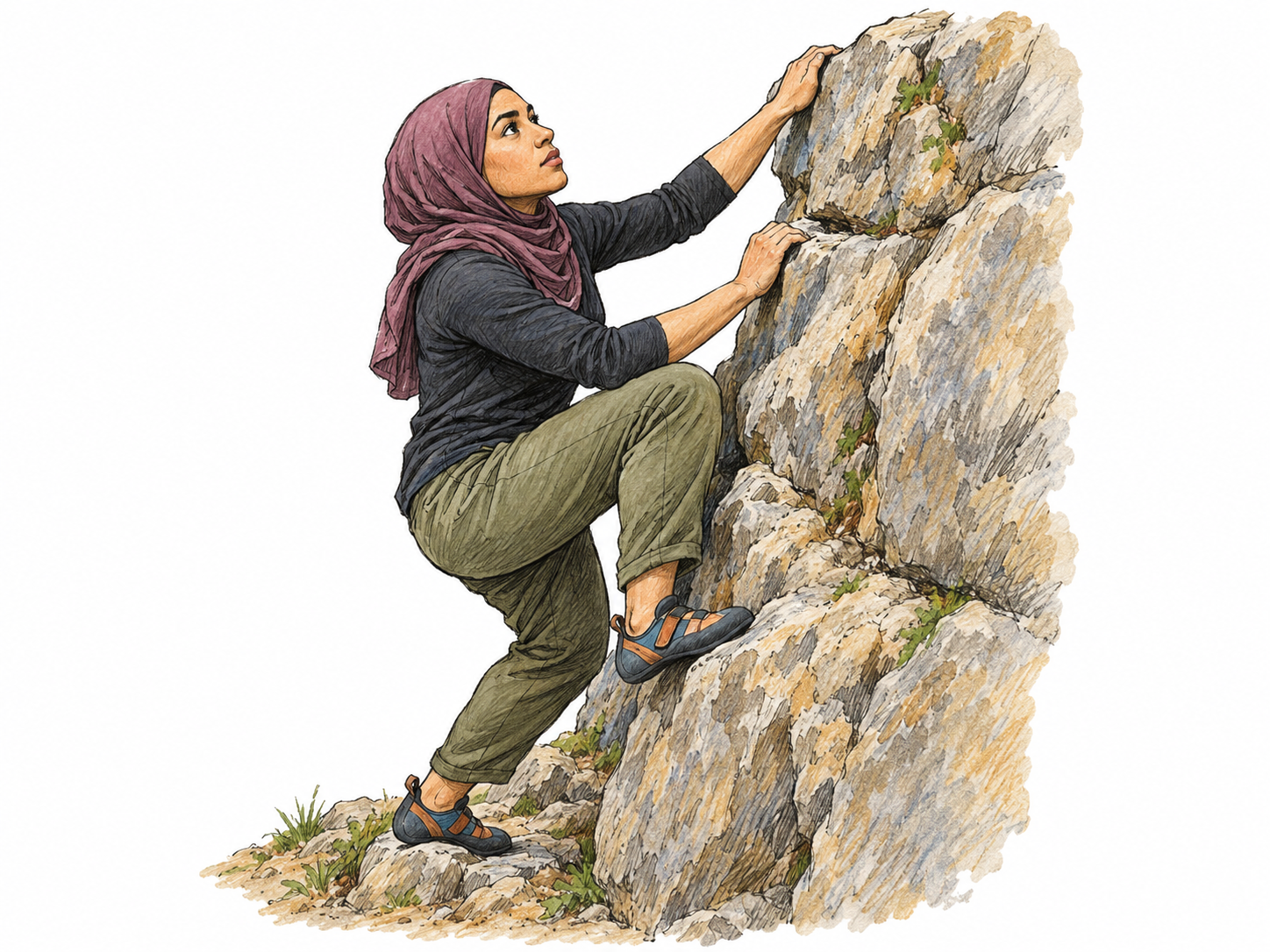 A young adult woman climbs a short rock face, using both hands and feet with one knee raised toward the next foothold.